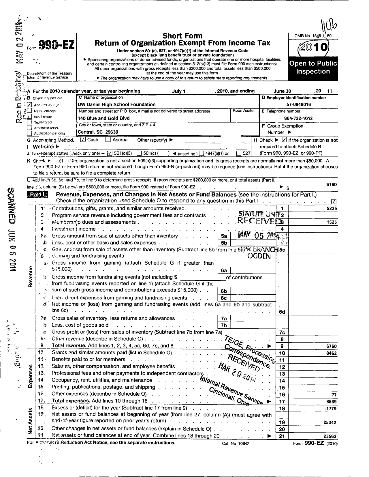 Image of first page of 2010 Form 990EZ for D W Daniel High School Foundation