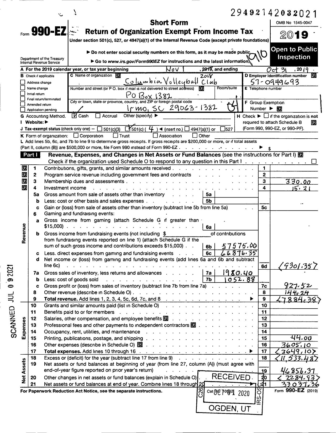 Image of first page of 2018 Form 990EO for Columbia Volleyball Club