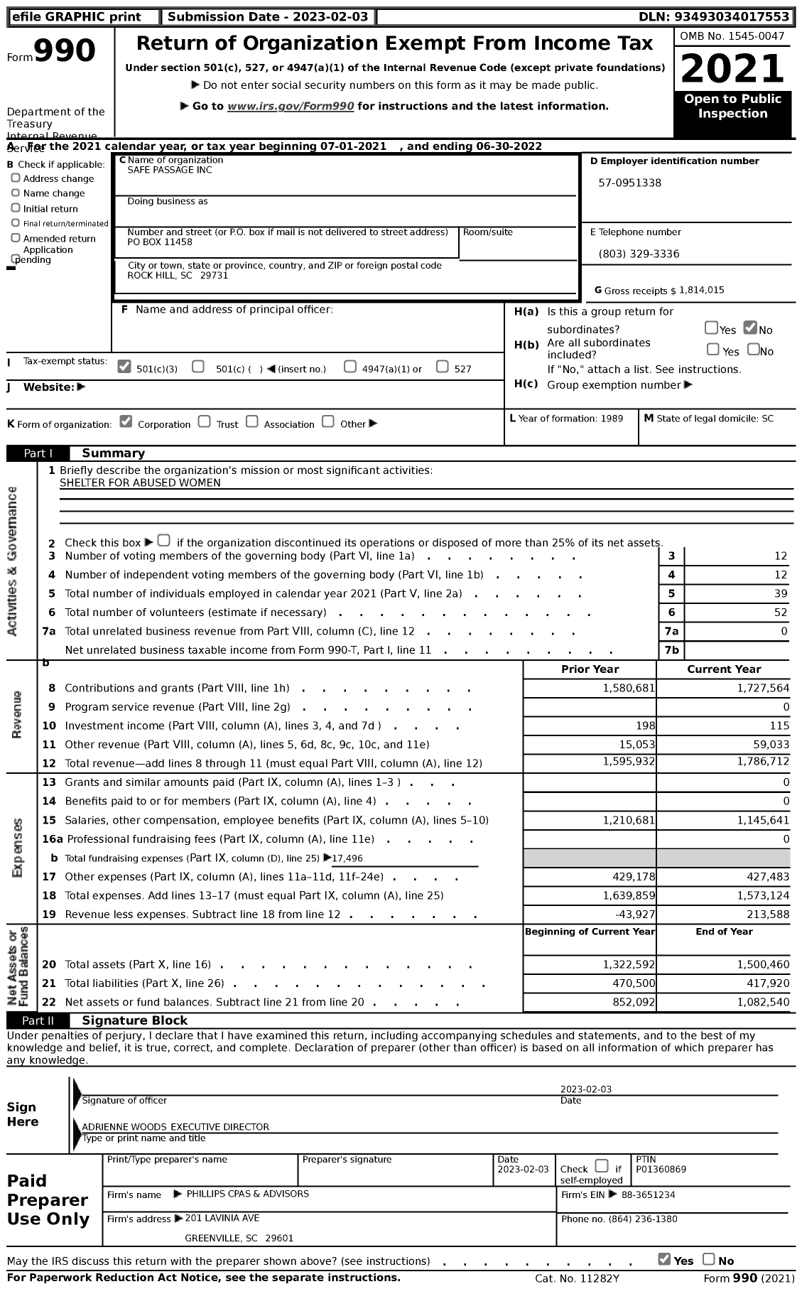 Image of first page of 2021 Form 990 for Safe Passage