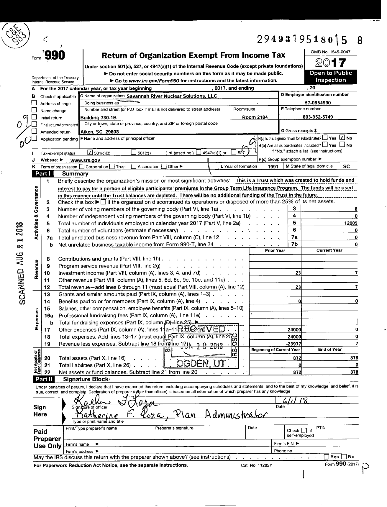 Image of first page of 2017 Form 990O for Westinghouse Savannah River Company Bechtel Savannah River