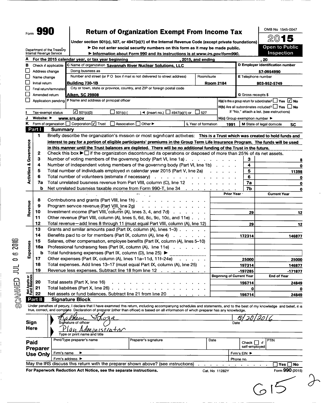 Image of first page of 2015 Form 990 for Westinghouse Savannah River Company Bechtel Savannah River