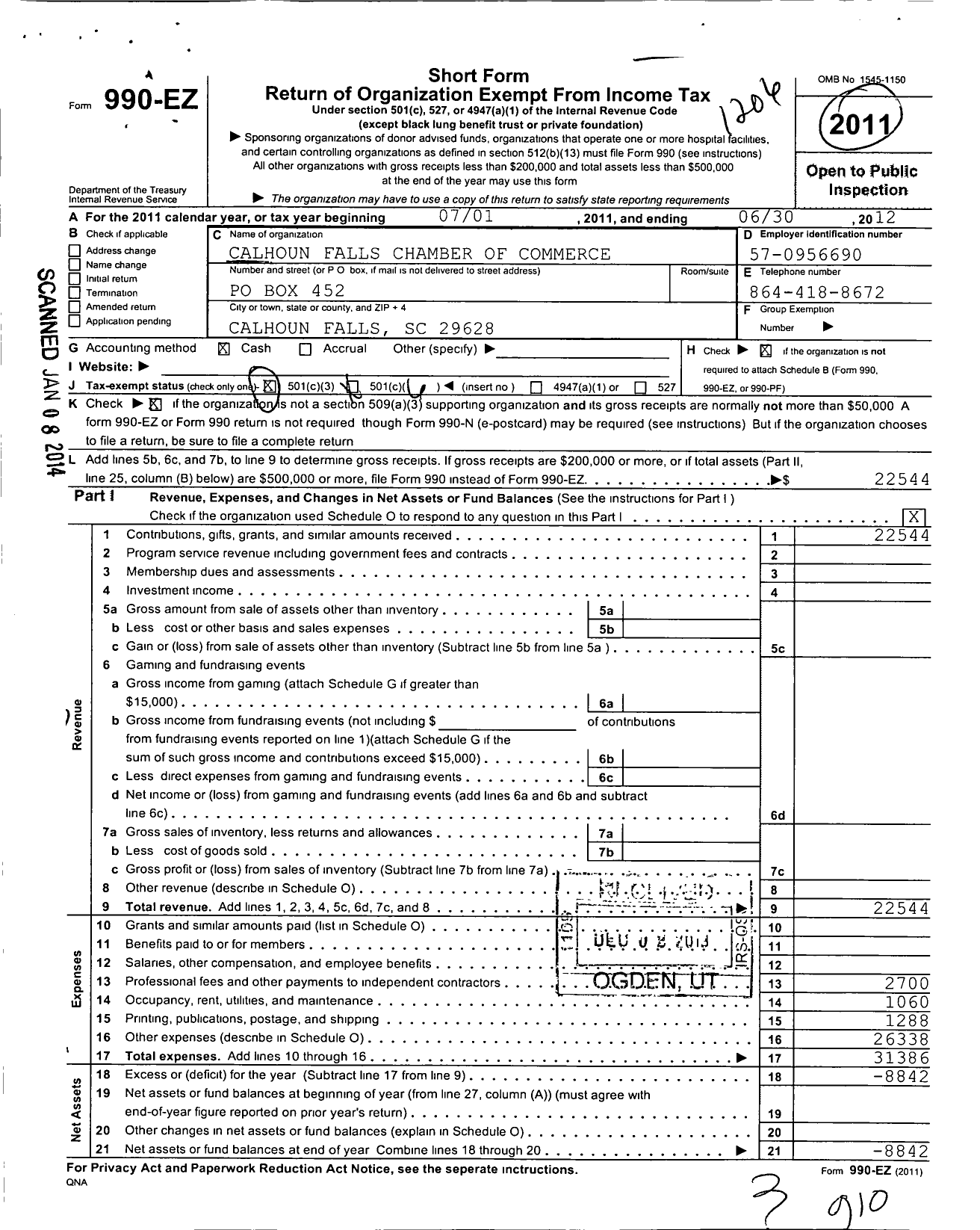 Image of first page of 2011 Form 990EO for Calhoun Falls Chamber of Commerce