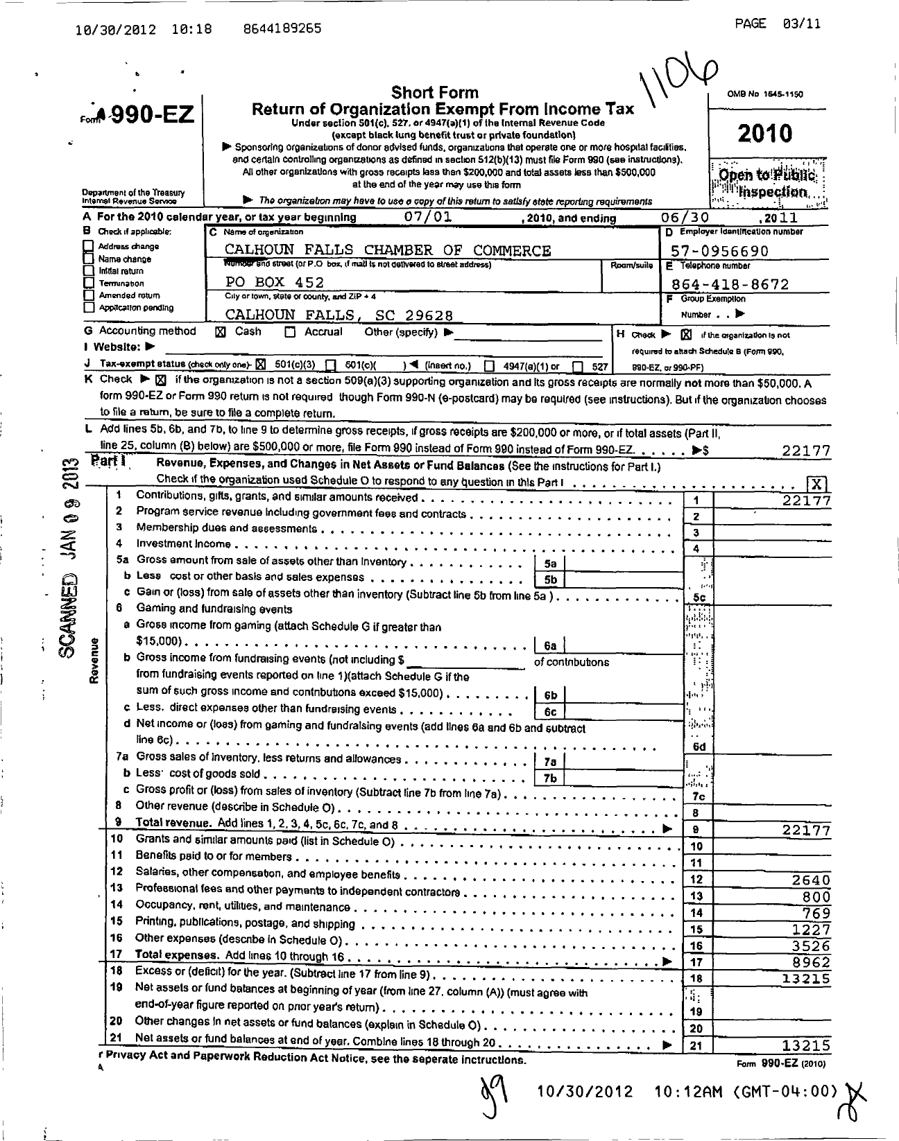 Image of first page of 2010 Form 990EZ for Calhoun Falls Chamber of Commerce