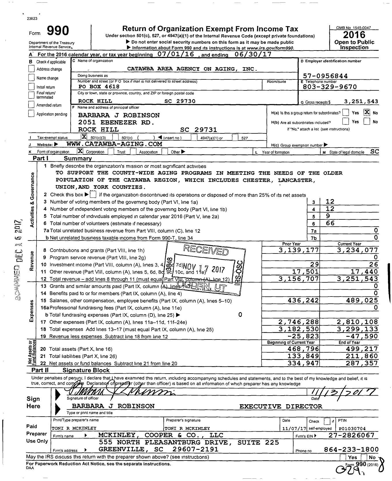 Image of first page of 2016 Form 990 for Catawba Area Agency on Aging