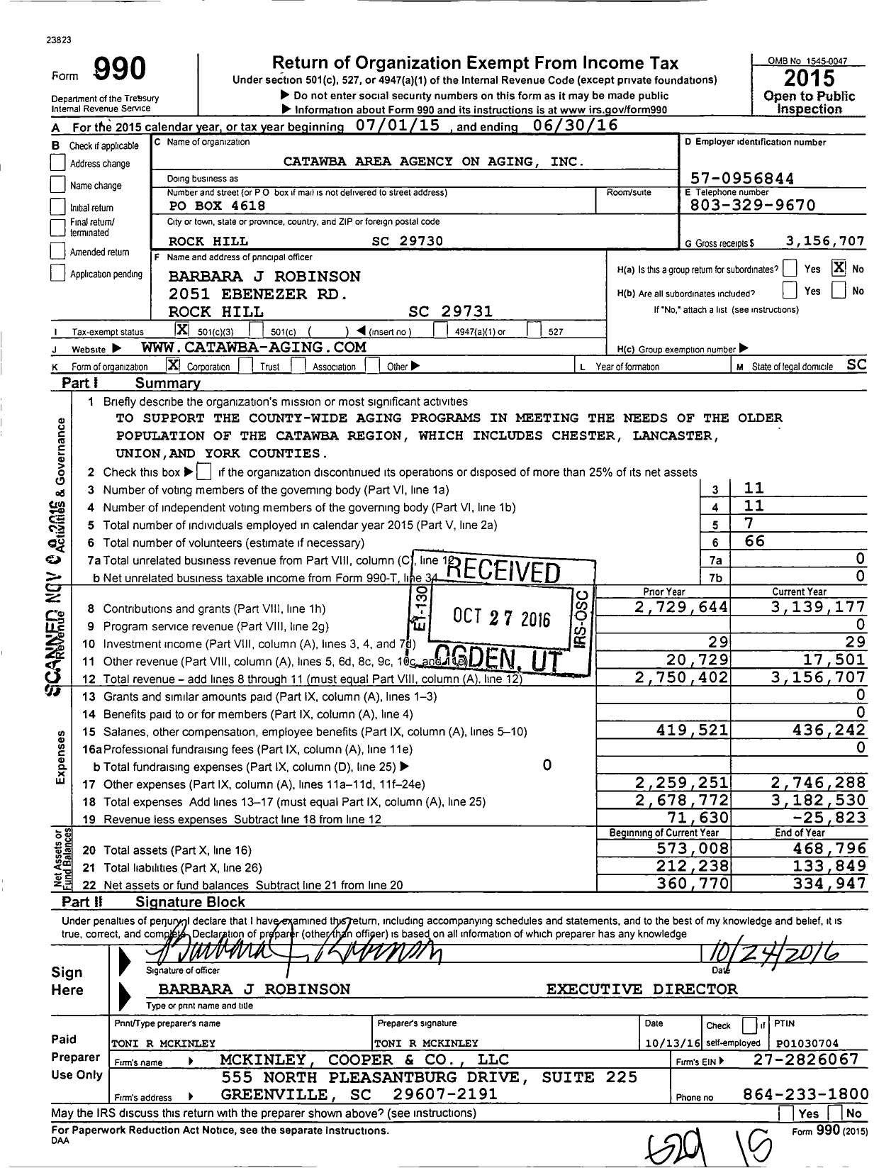 Image of first page of 2015 Form 990 for Catawba Area Agency on Aging
