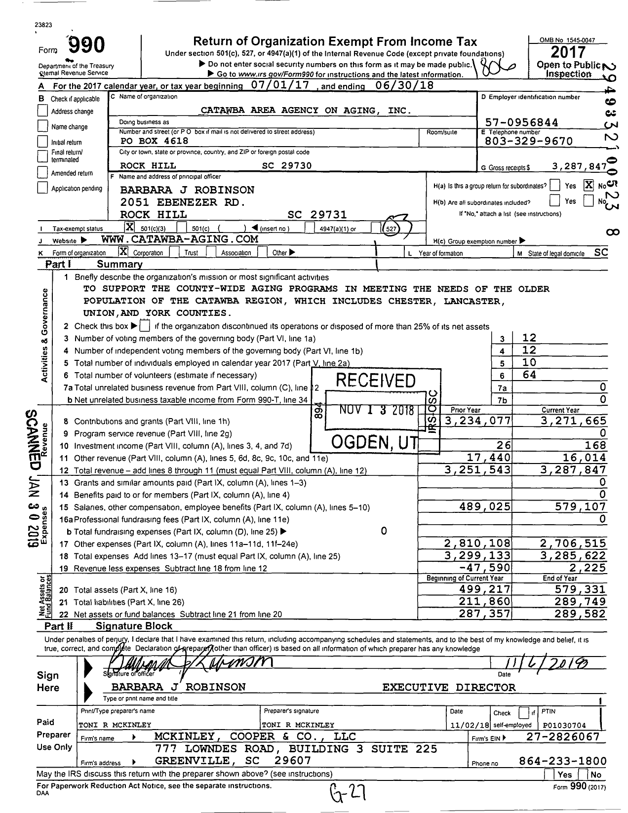 Image of first page of 2017 Form 990 for Catawba Area Agency on Aging