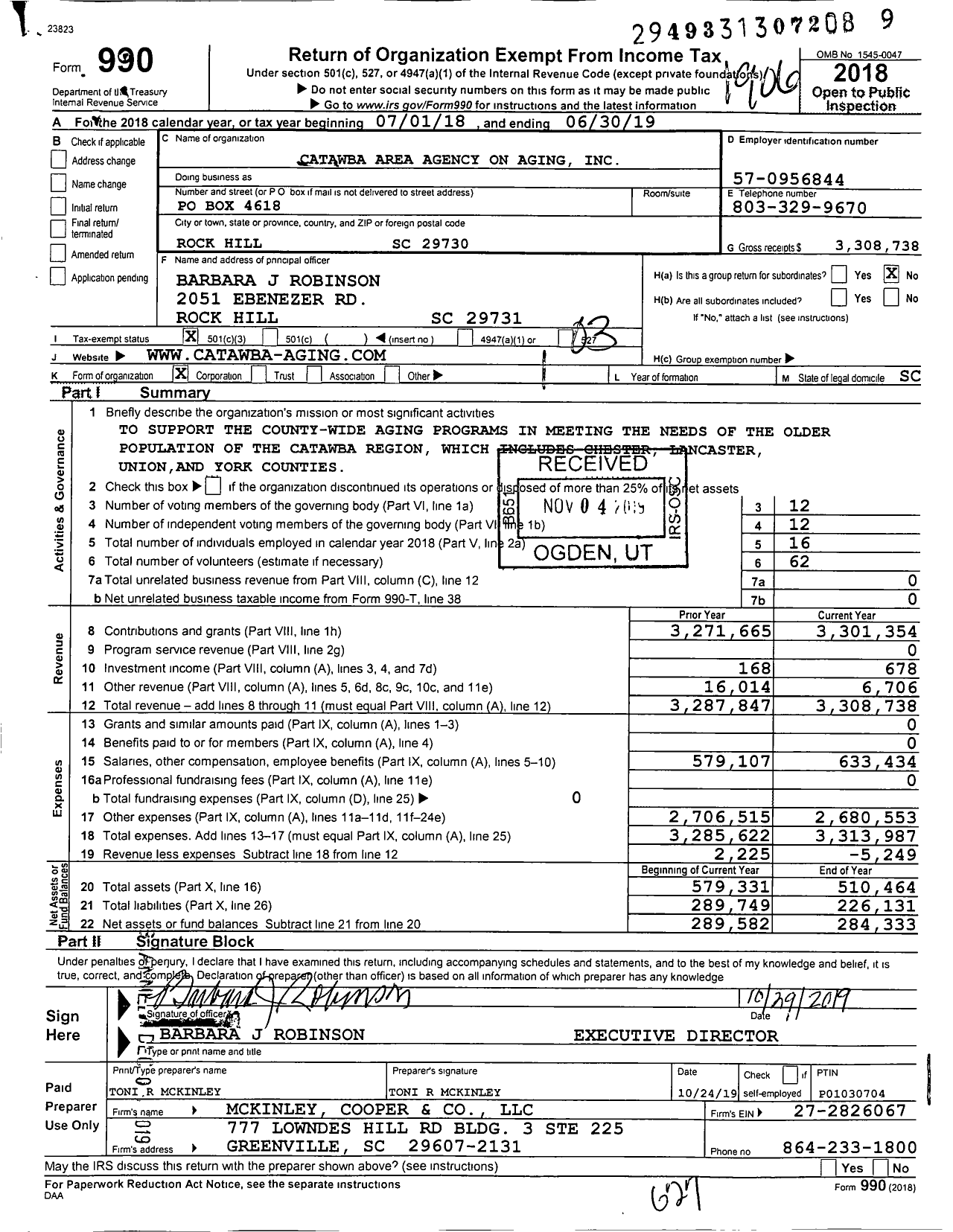 Image of first page of 2018 Form 990 for Catawba Area Agency on Aging