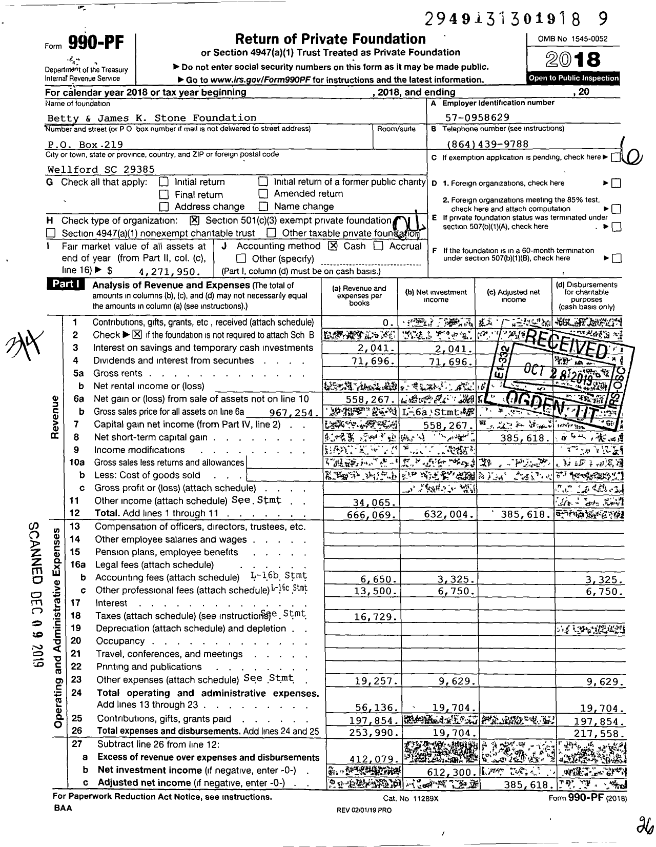 Image of first page of 2018 Form 990PF for Betty and James K Stone Foundation