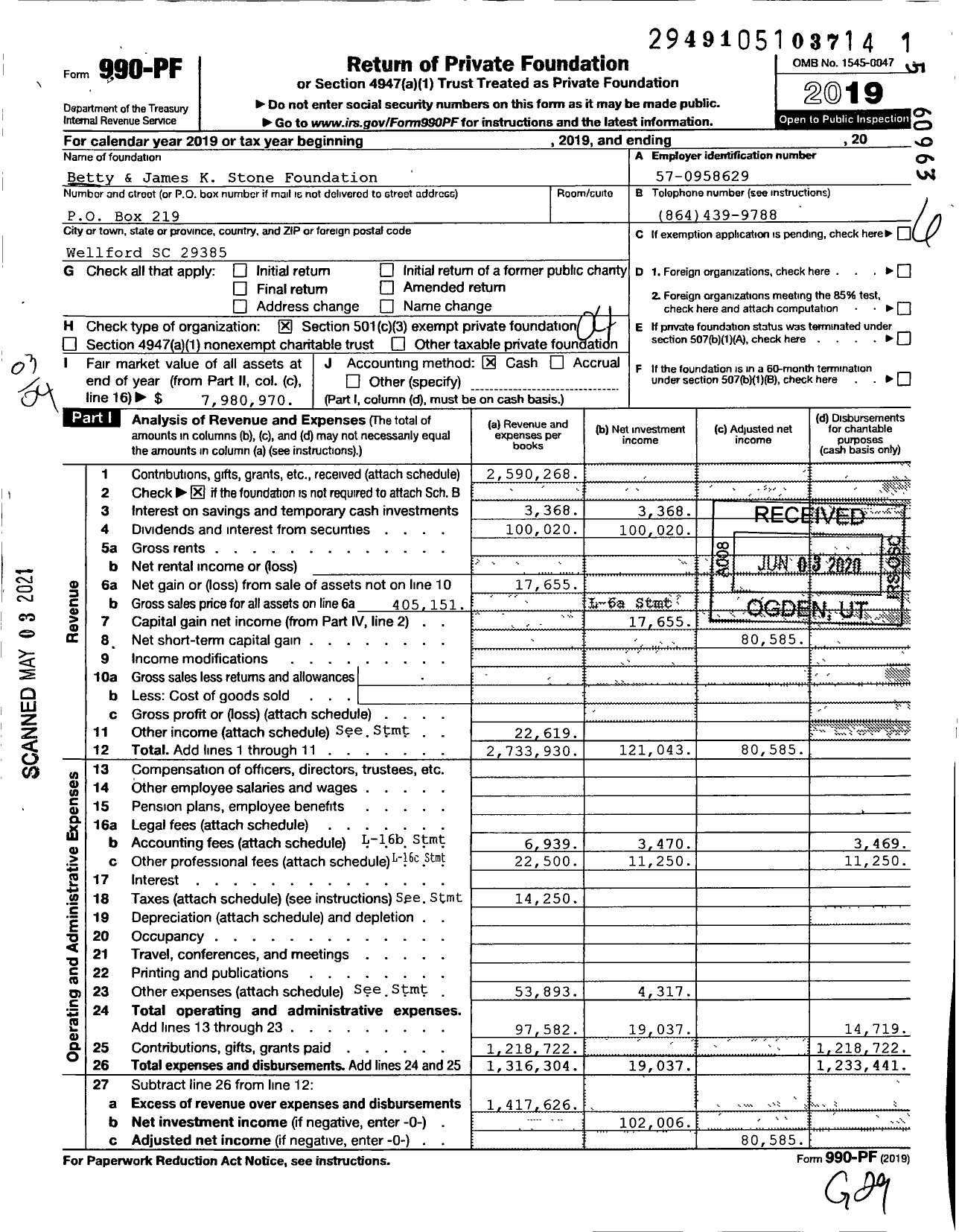 Image of first page of 2019 Form 990PF for Betty and James K Stone Foundation