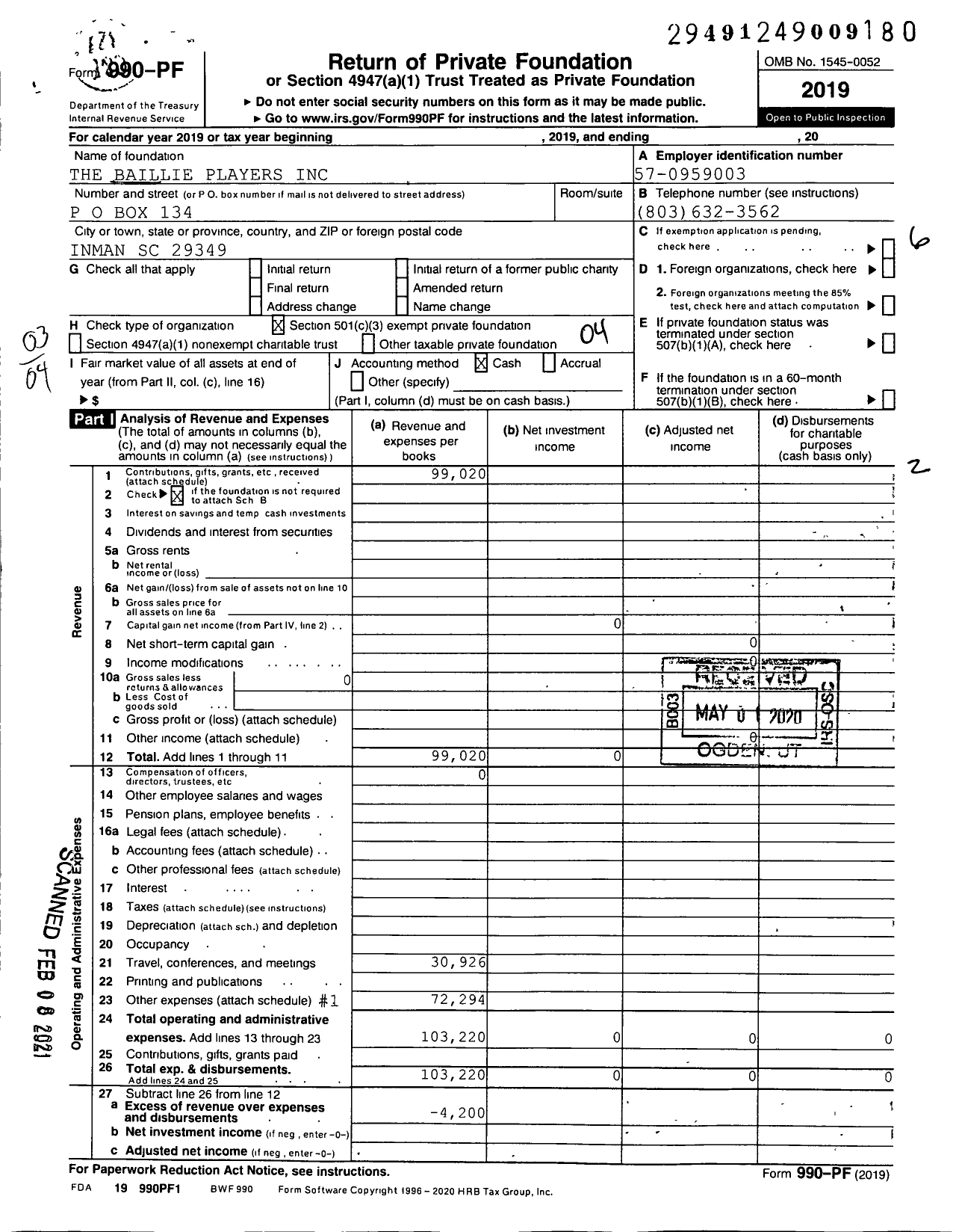 Image of first page of 2019 Form 990PF for Baillie Players