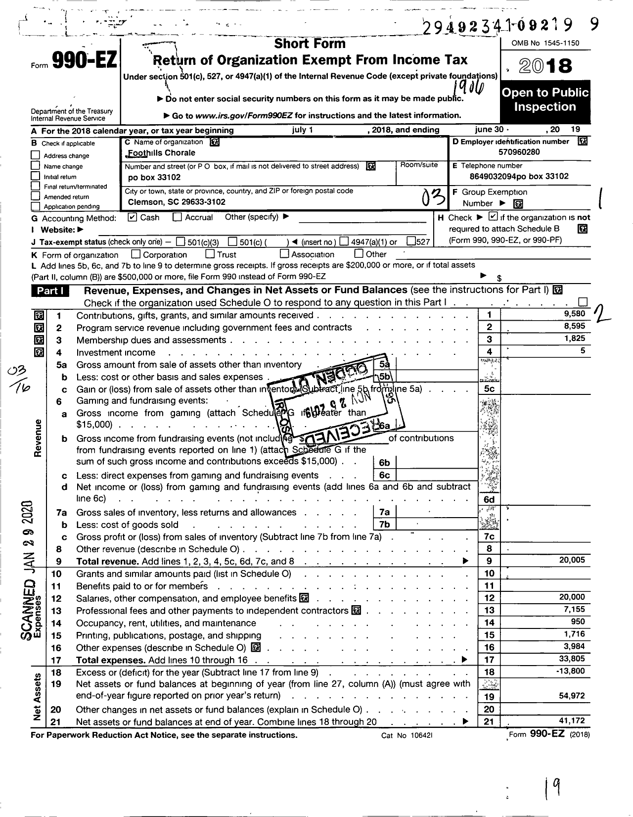 Image of first page of 2018 Form 990EZ for Foothills Chorale