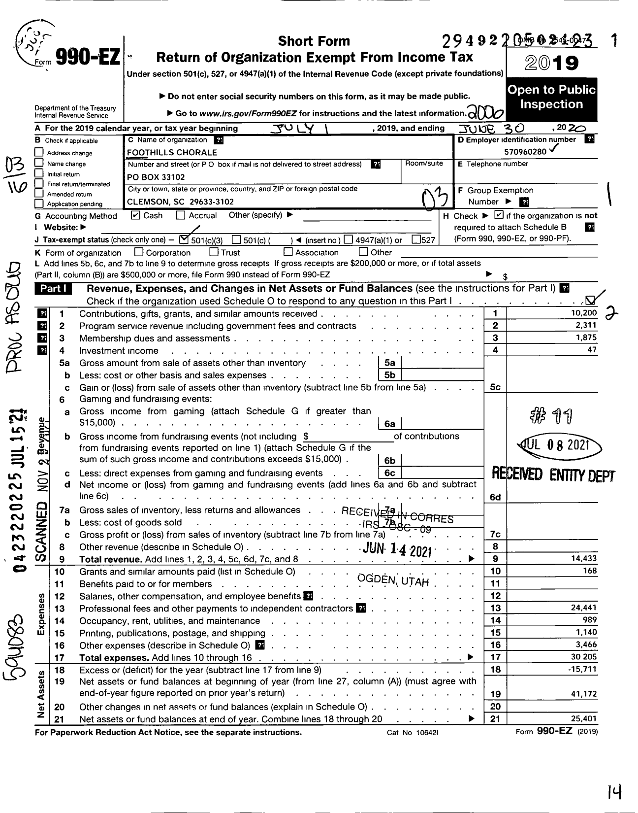 Image of first page of 2019 Form 990EZ for Foothills Chorale