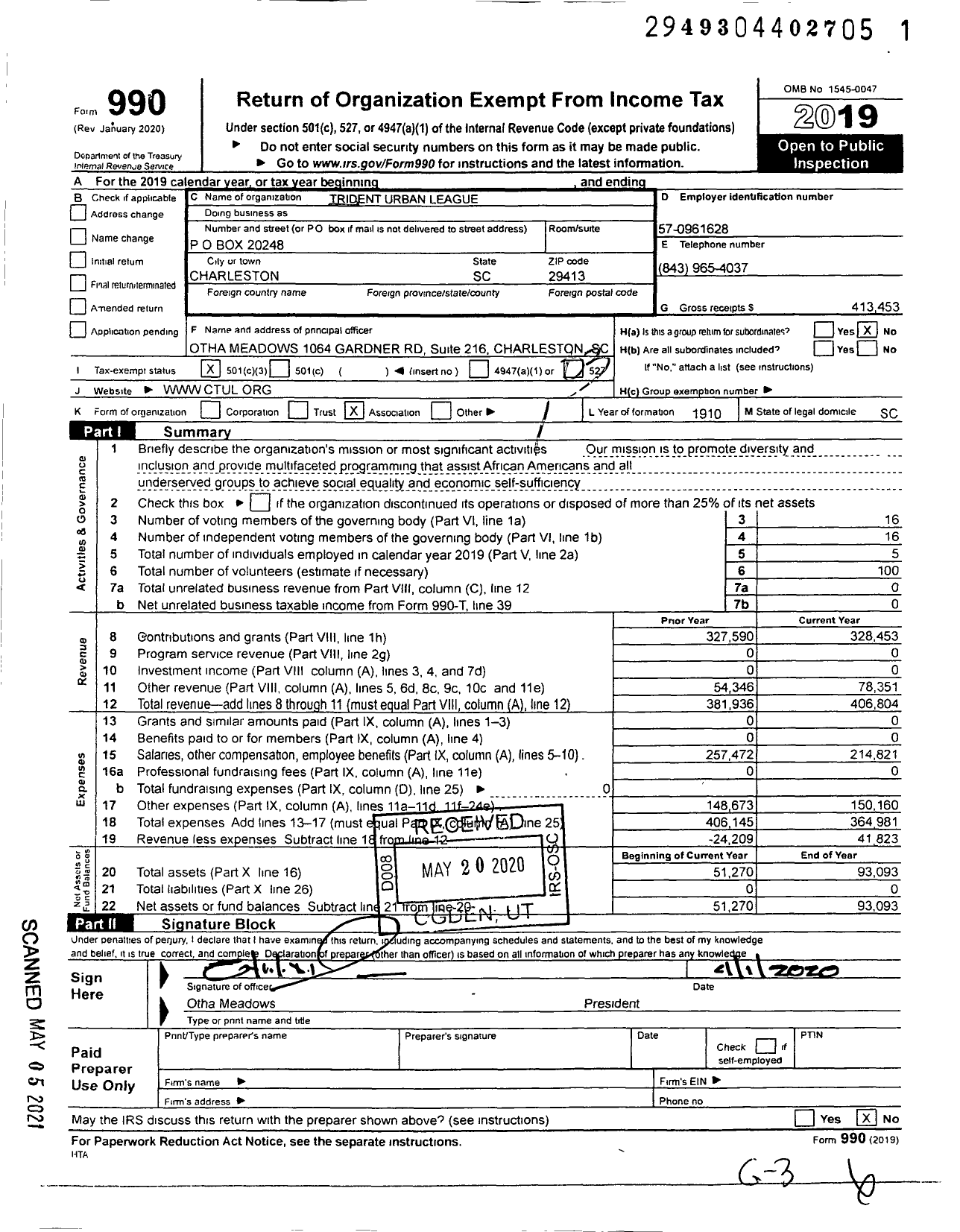 Image of first page of 2019 Form 990 for Trident Urban League