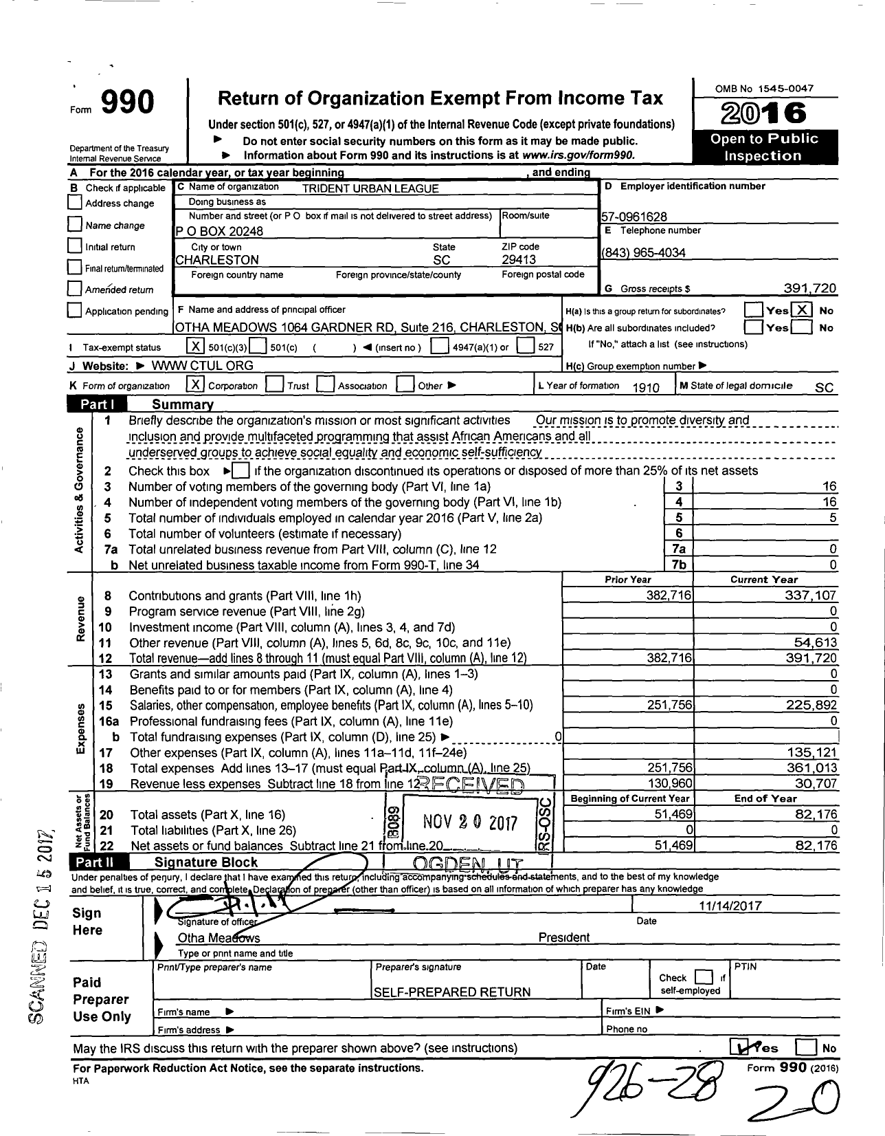 Image of first page of 2016 Form 990 for Trident Urban League