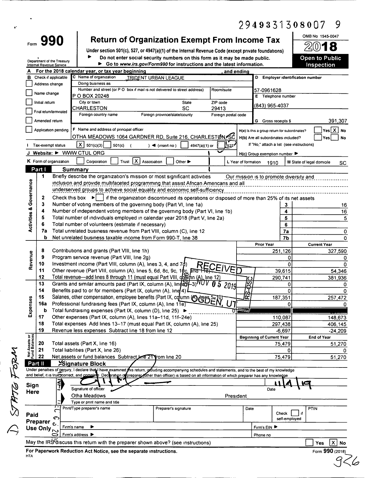 Image of first page of 2018 Form 990 for Trident Urban League