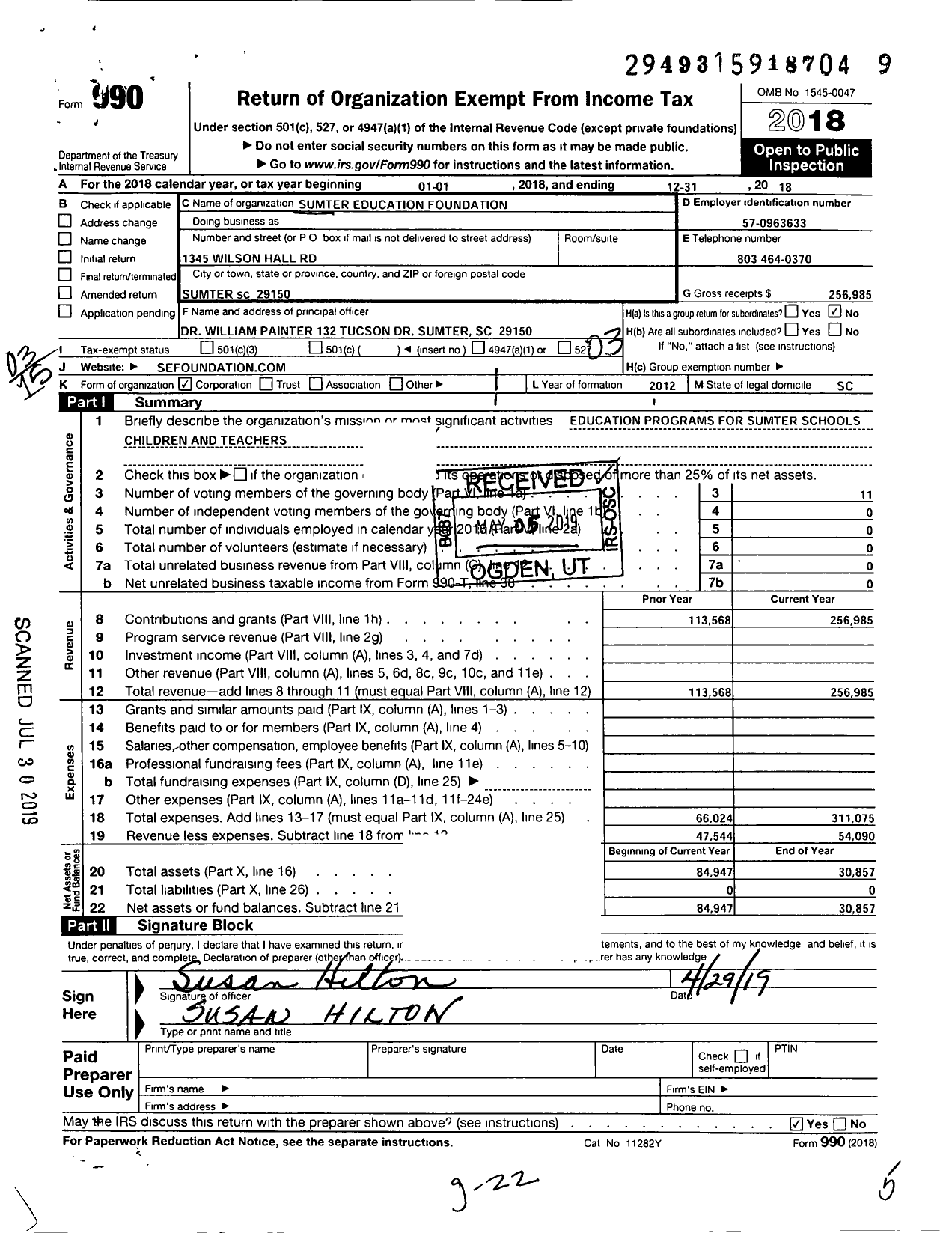 Image of first page of 2018 Form 990 for Sumter Education Foundation