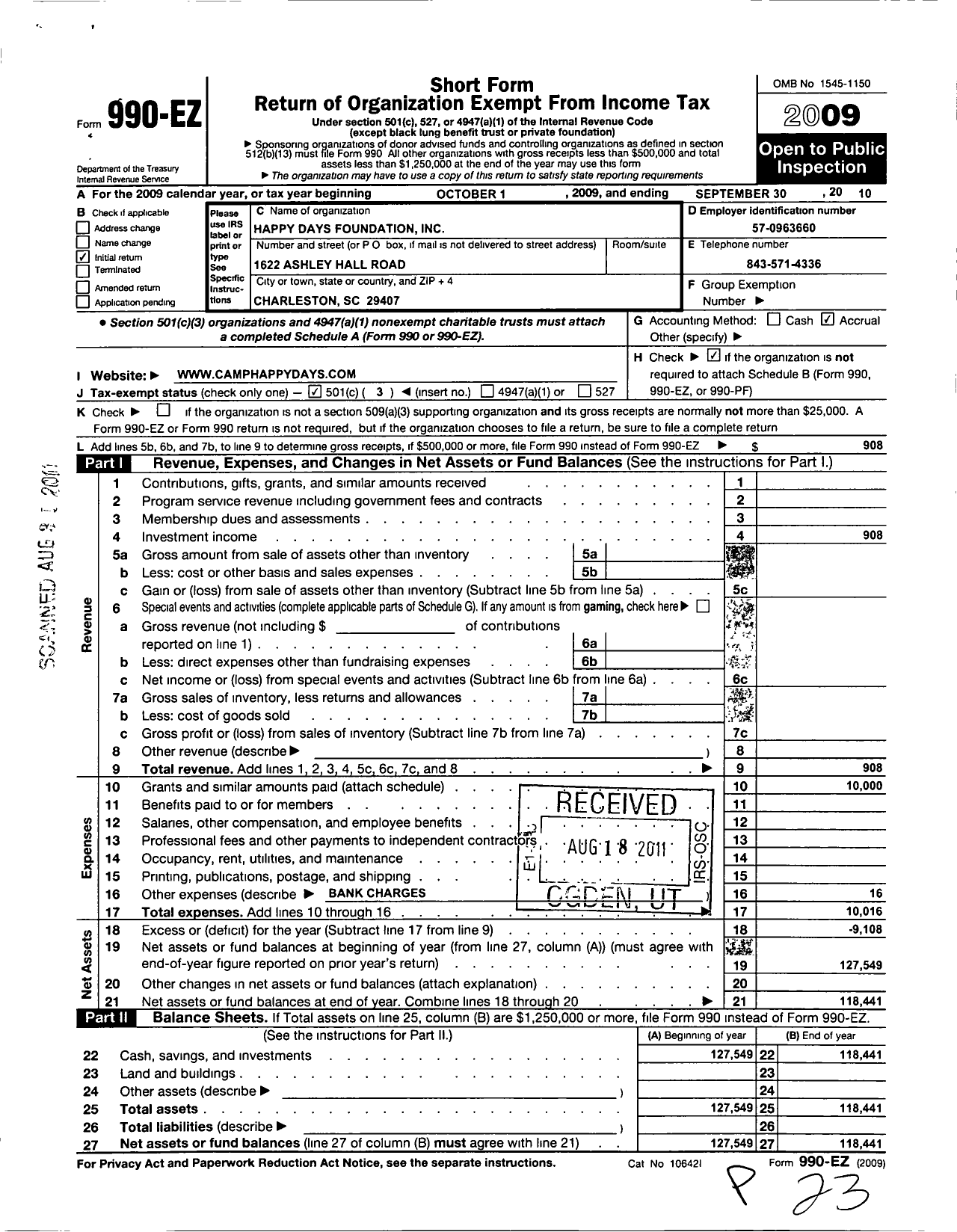 Image of first page of 2009 Form 990EZ for Happy Days Foundation