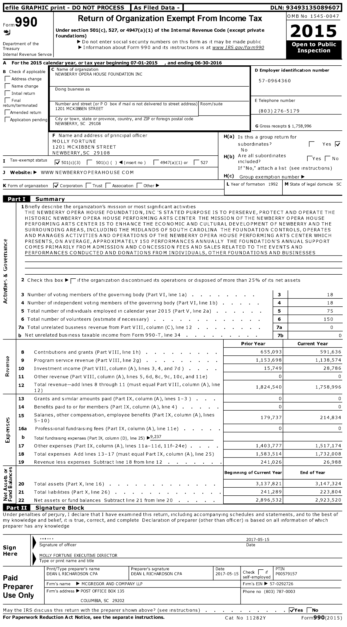 Image of first page of 2015 Form 990 for Newberry Opera House Foundation