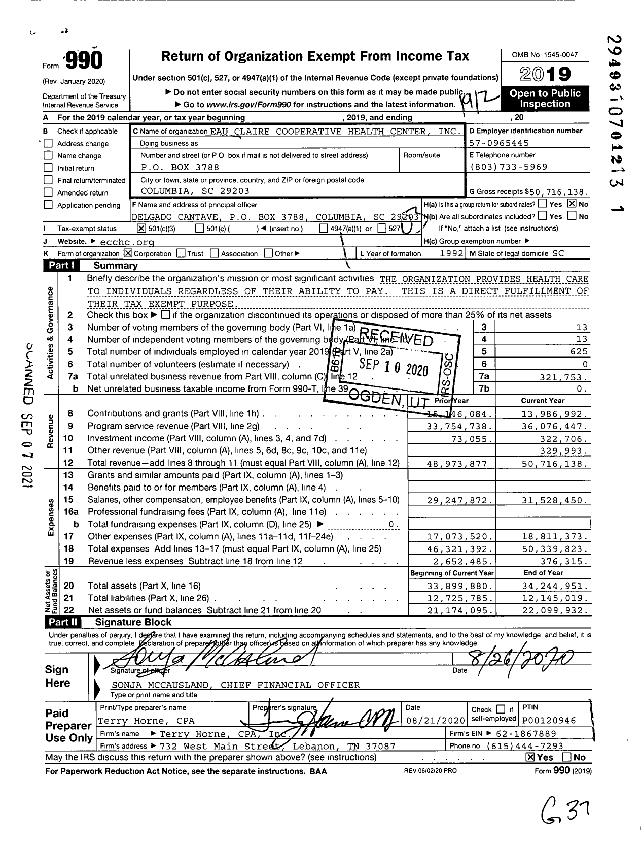 Image of first page of 2019 Form 990 for Eau Claire Cooperative Health Centers (ECCHC)