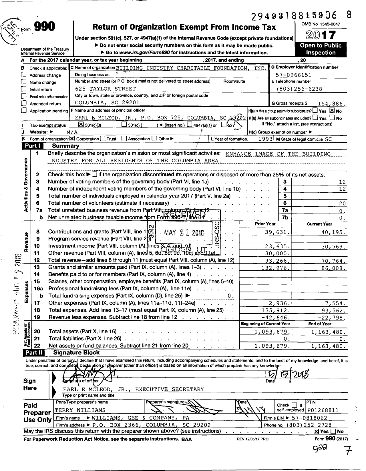 Image of first page of 2017 Form 990 for Building Industry Charitable Foundation