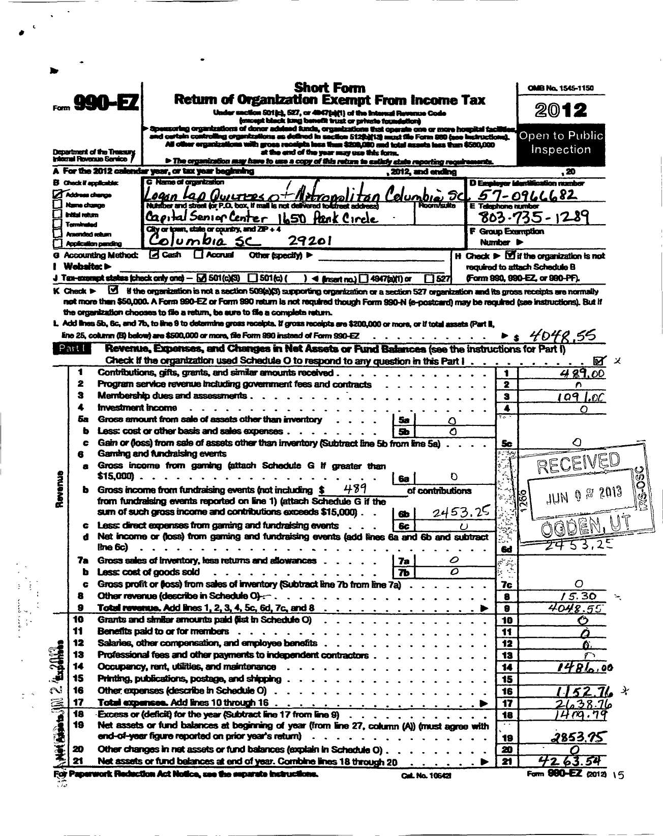 Image of first page of 2012 Form 990EZ for Logan Lap Quilters of Metropolitan Columbia South Carolina