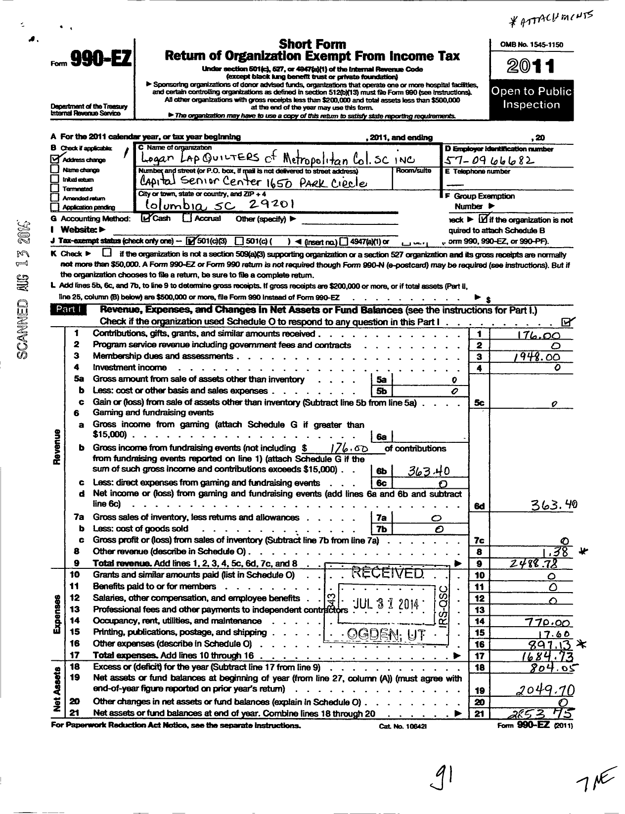 Image of first page of 2011 Form 990EZ for Logan Lap Quilters of Metropolitan Columbia South Carolina