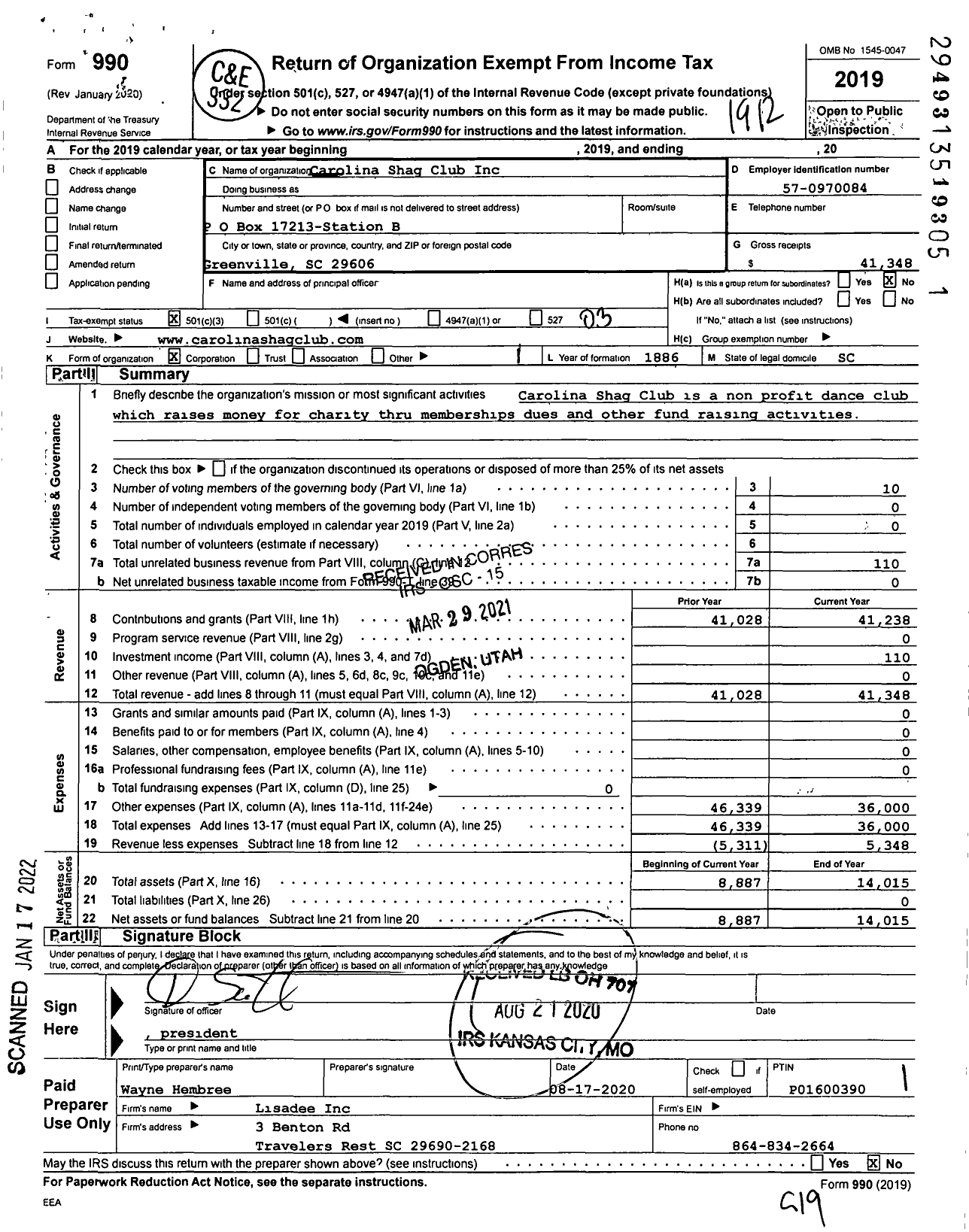 Image of first page of 2019 Form 990 for Carolina Shag Club