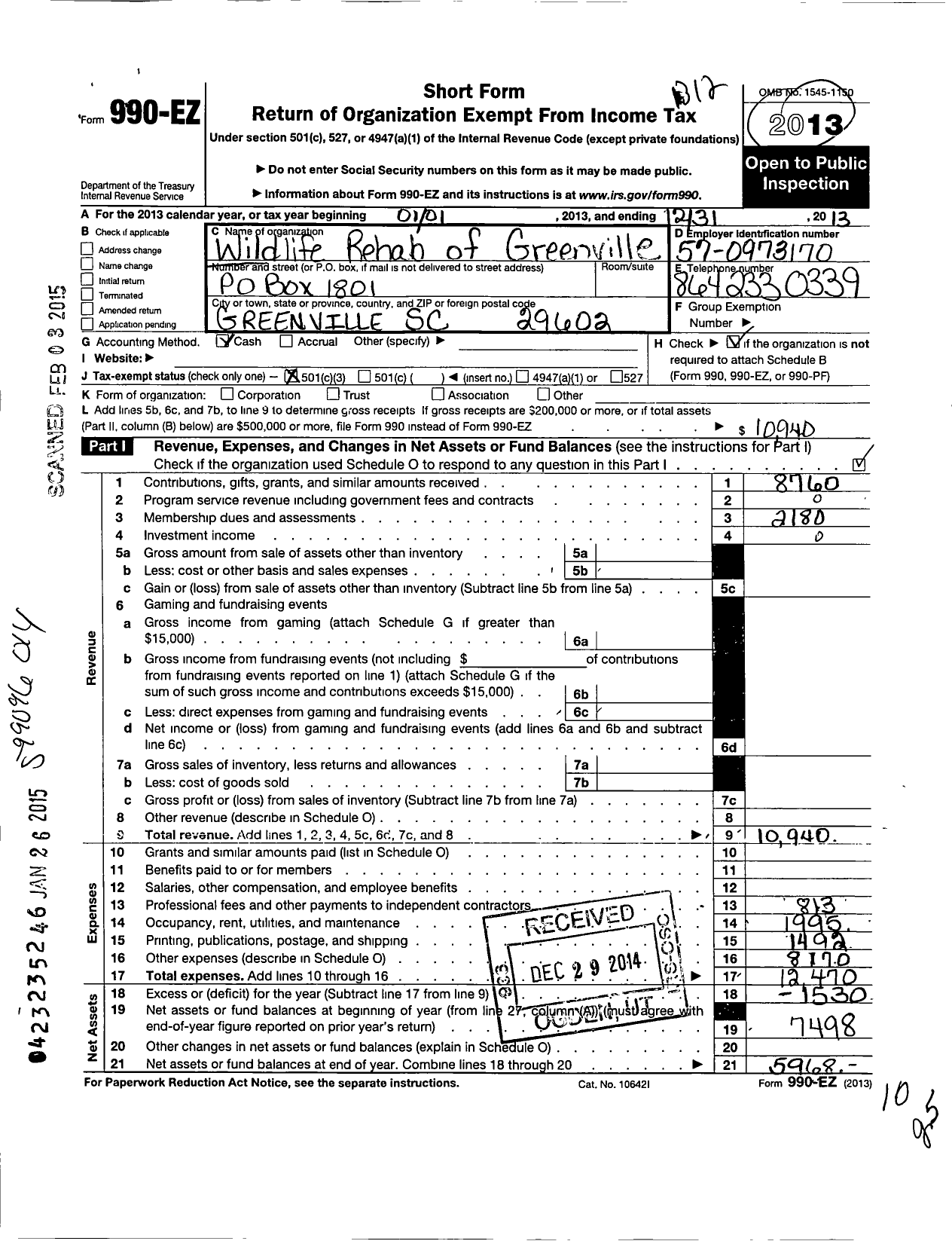 Image of first page of 2013 Form 990EZ for Wildlife Rehab Group of South Carolina