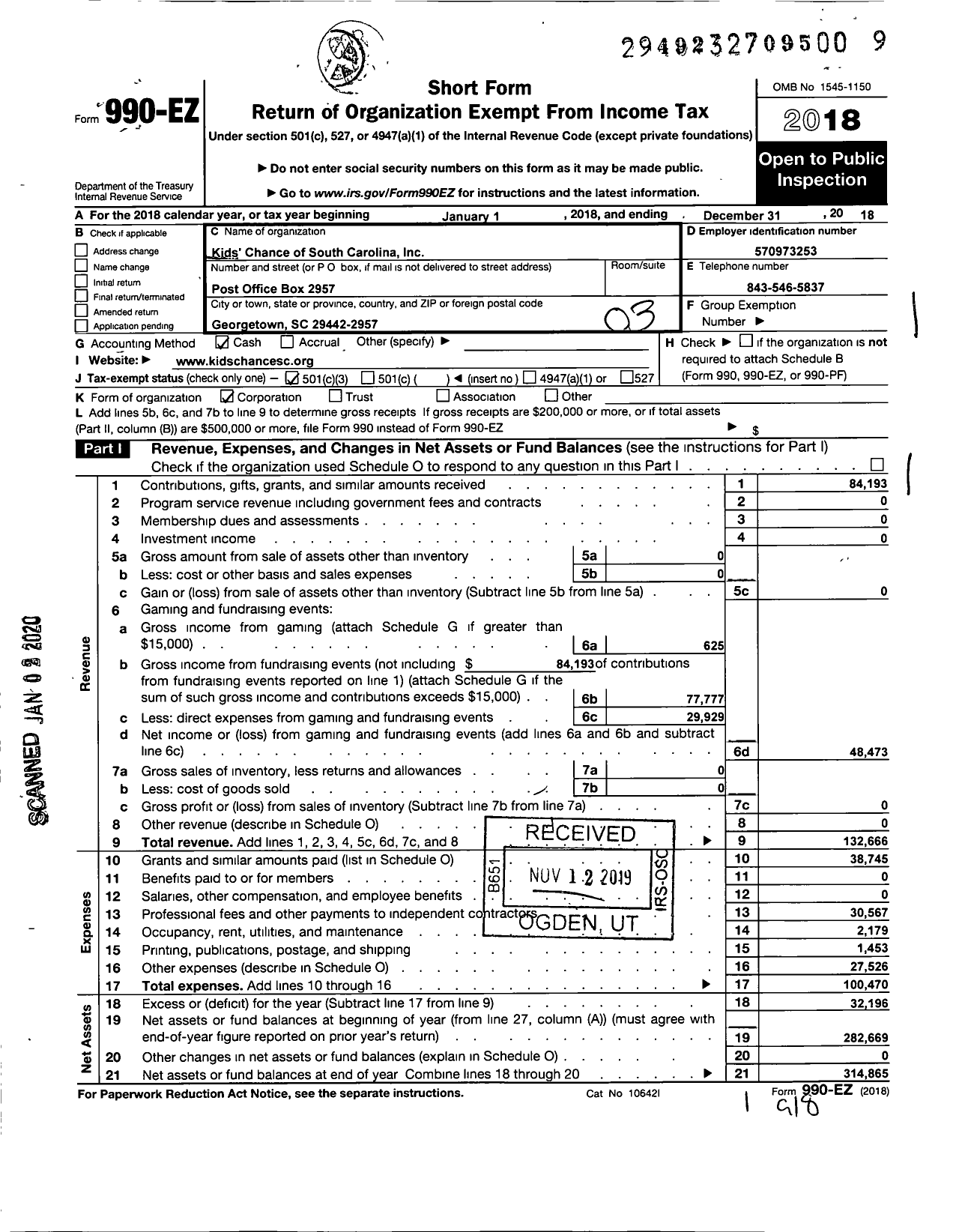 Image of first page of 2018 Form 990EZ for Kids Chance of South Carolina