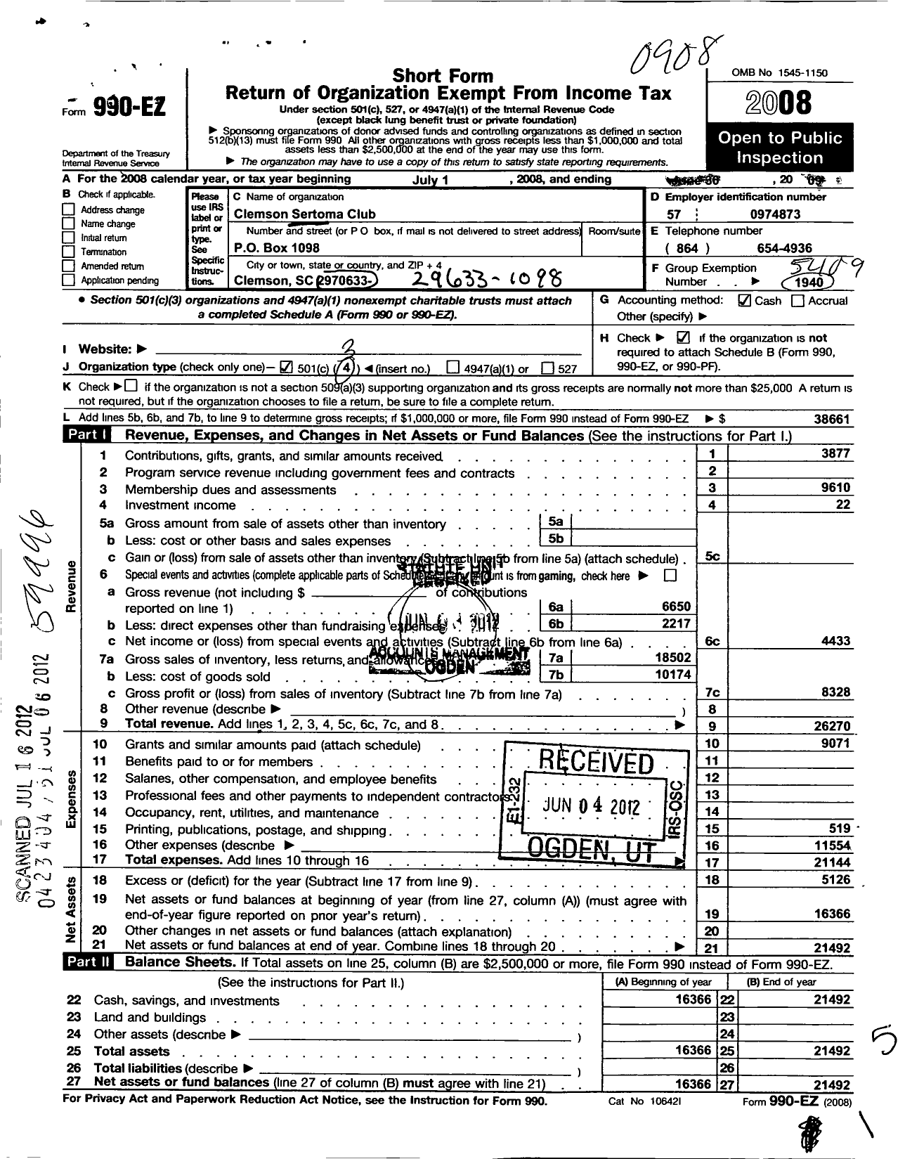 Image of first page of 2008 Form 990EZ for Sertoma - 10088 Clemson Sertoma Club