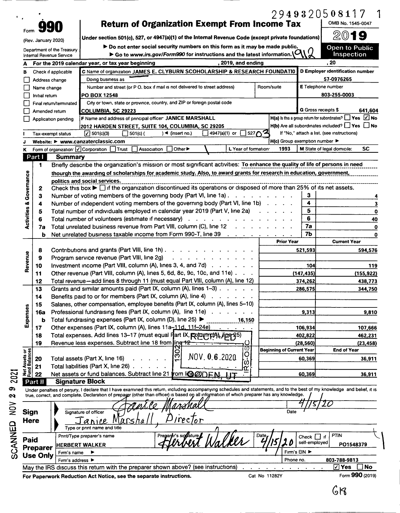 Image of first page of 2019 Form 990 for James E Clyburn Scholarship and Research Foundation