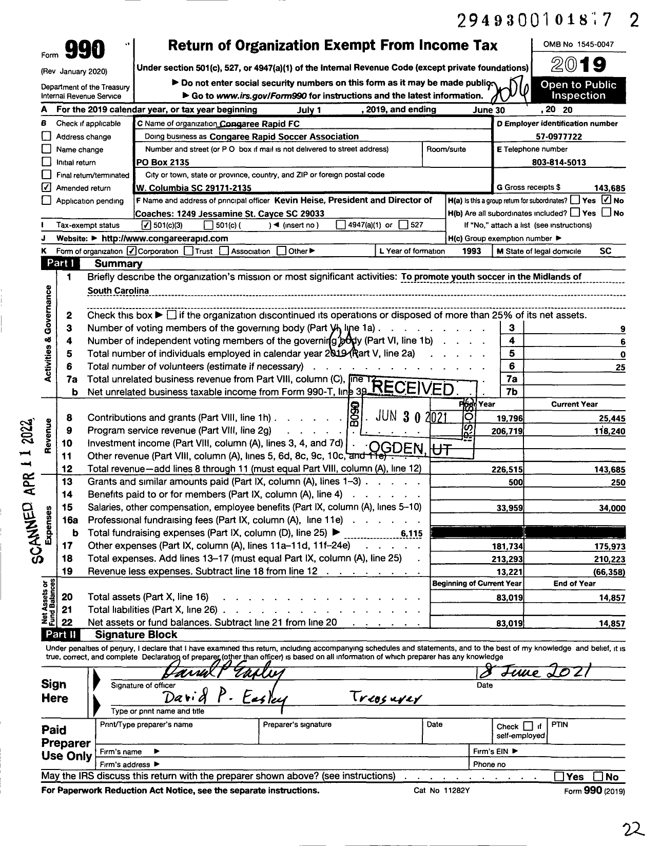 Image of first page of 2019 Form 990 for Congaree Rapid Soccer Association