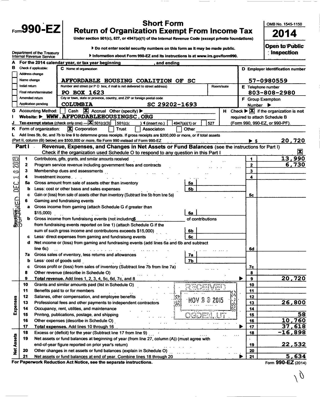 Image of first page of 2014 Form 990EZ for Affordable Housing Coalition of South Carolina