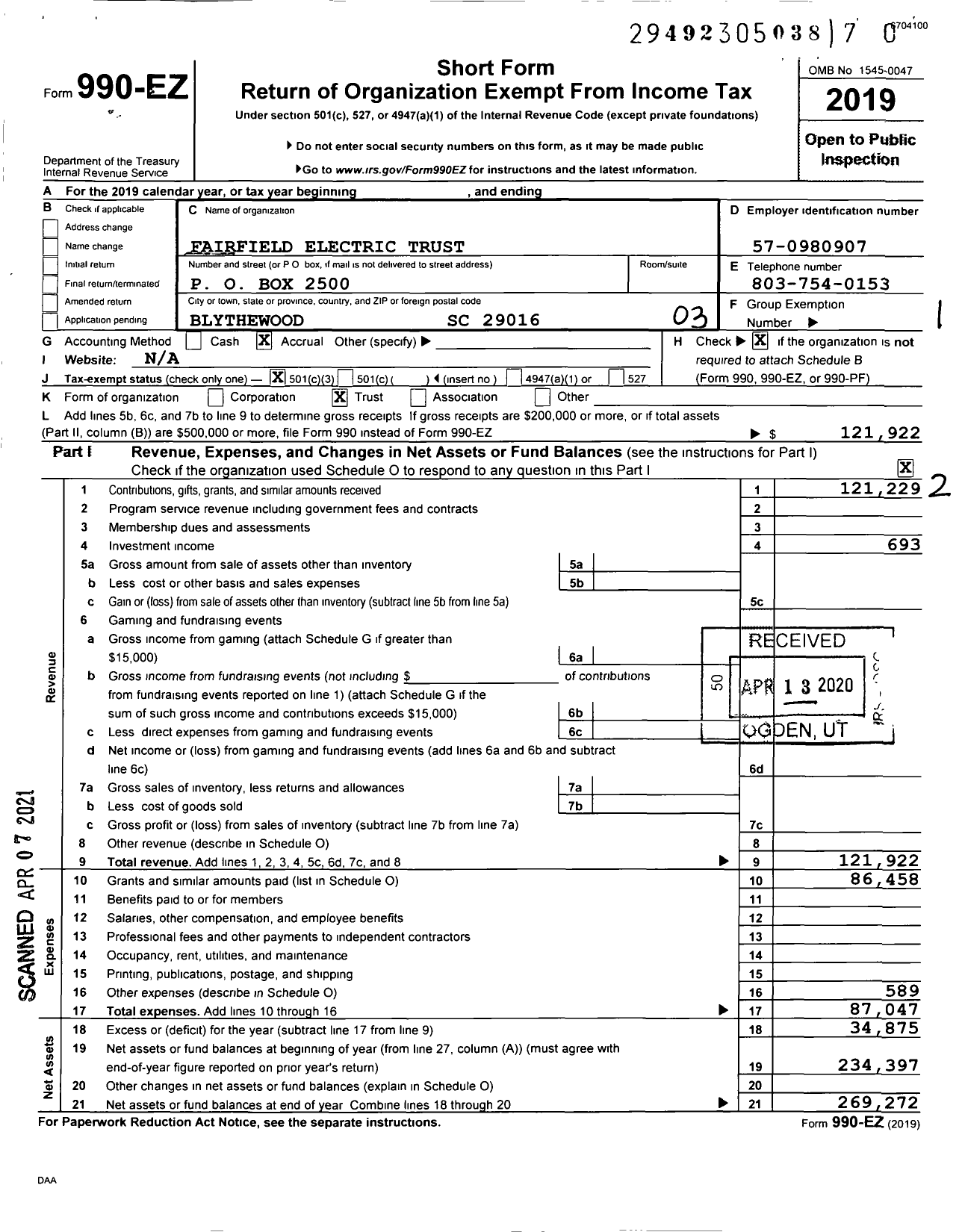 Image of first page of 2019 Form 990EZ for Fairfield Electric Trust