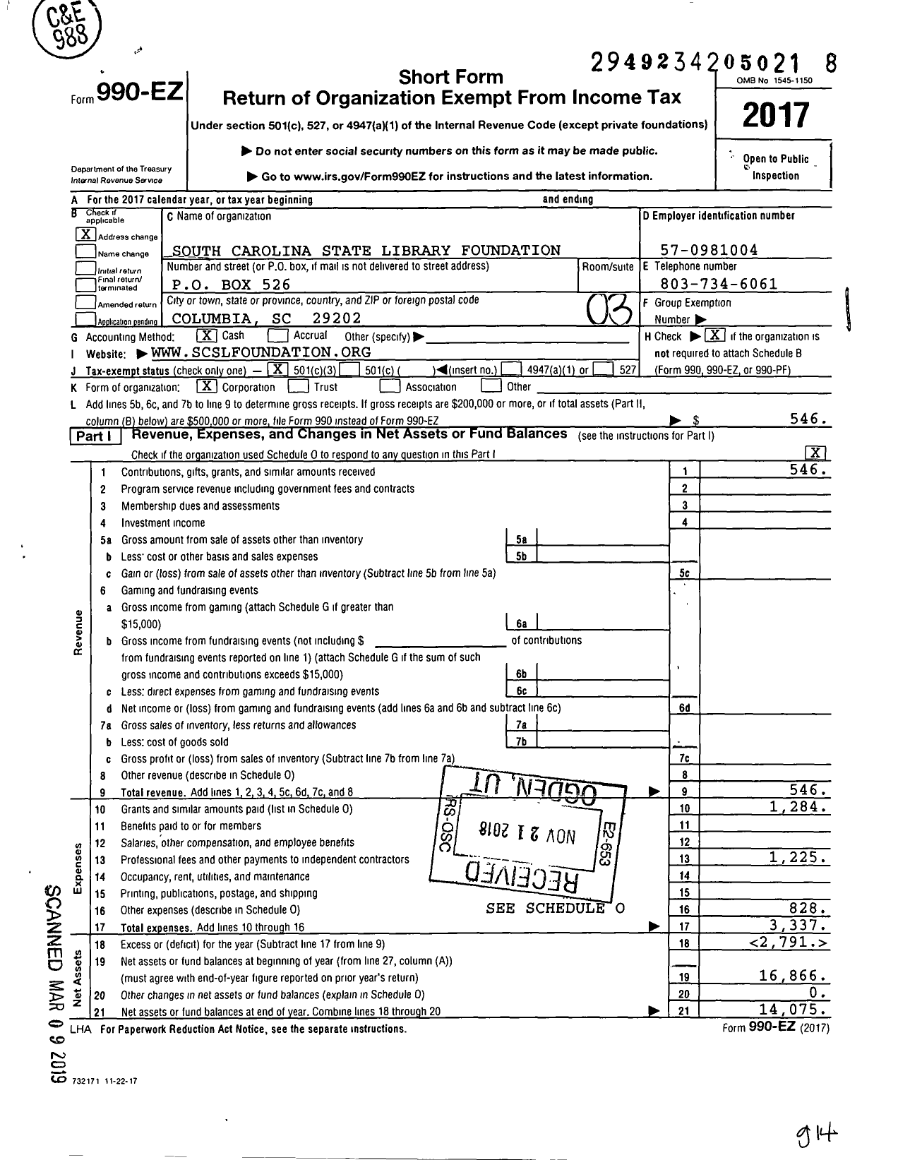 Image of first page of 2017 Form 990EZ for South Carolina State Library Foundation