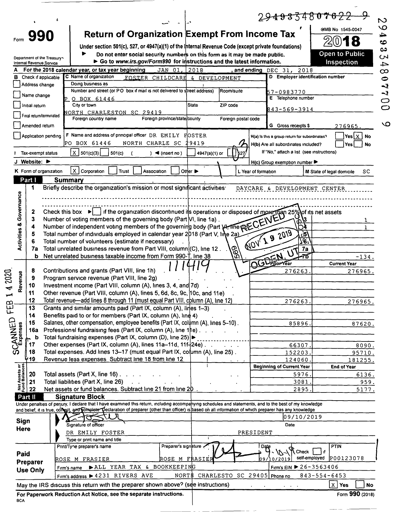 Image of first page of 2018 Form 990 for Foster Childcare and Deelopment