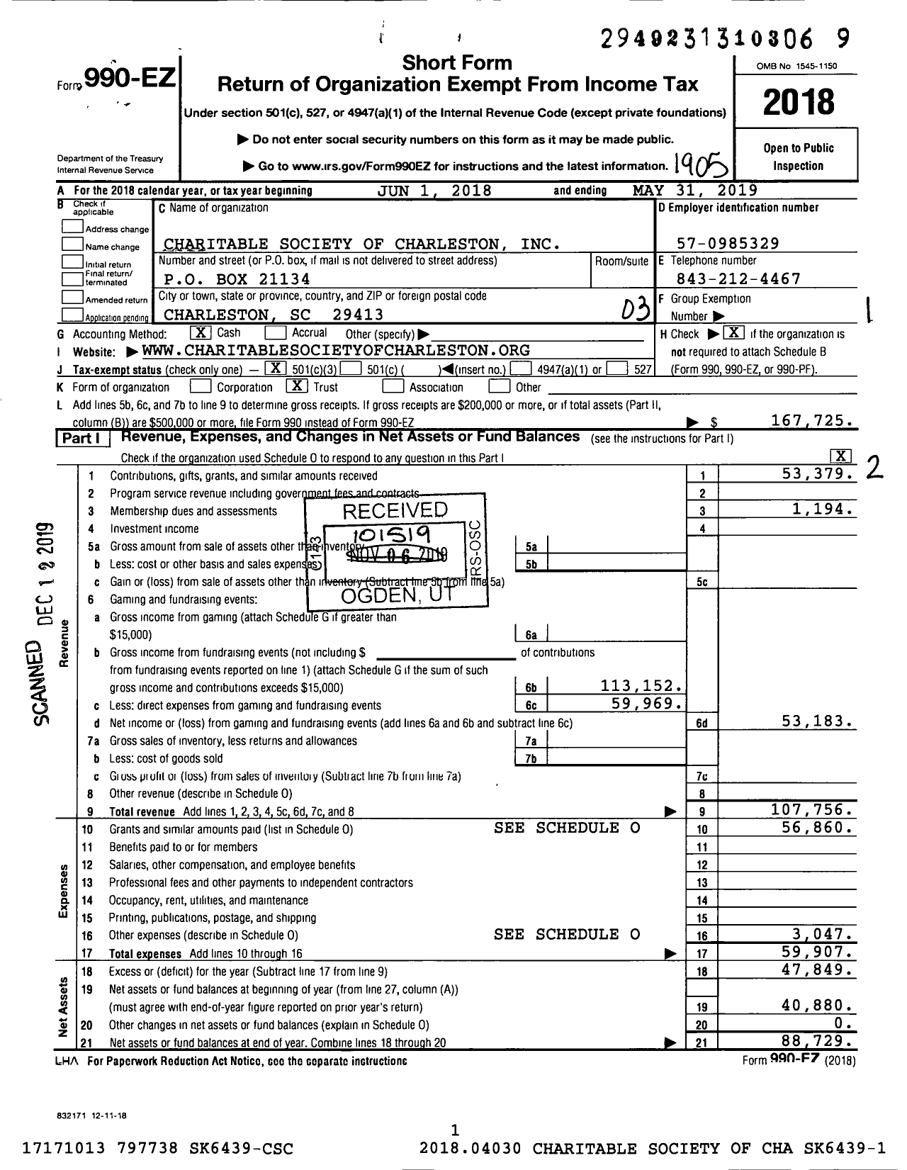 Image of first page of 2018 Form 990EZ for Charitable Society of Charleston