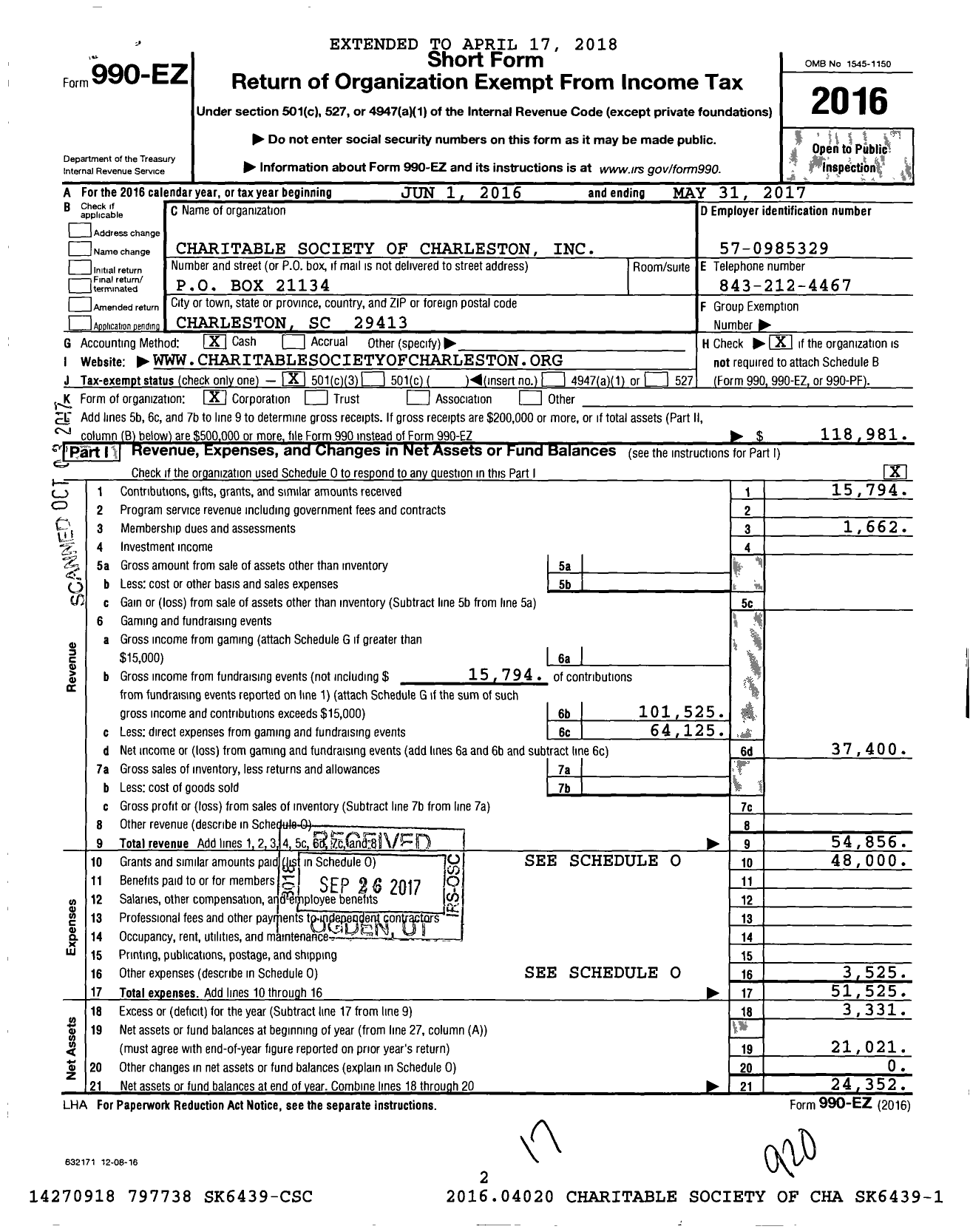 Image of first page of 2016 Form 990EZ for Charitable Society of Charleston