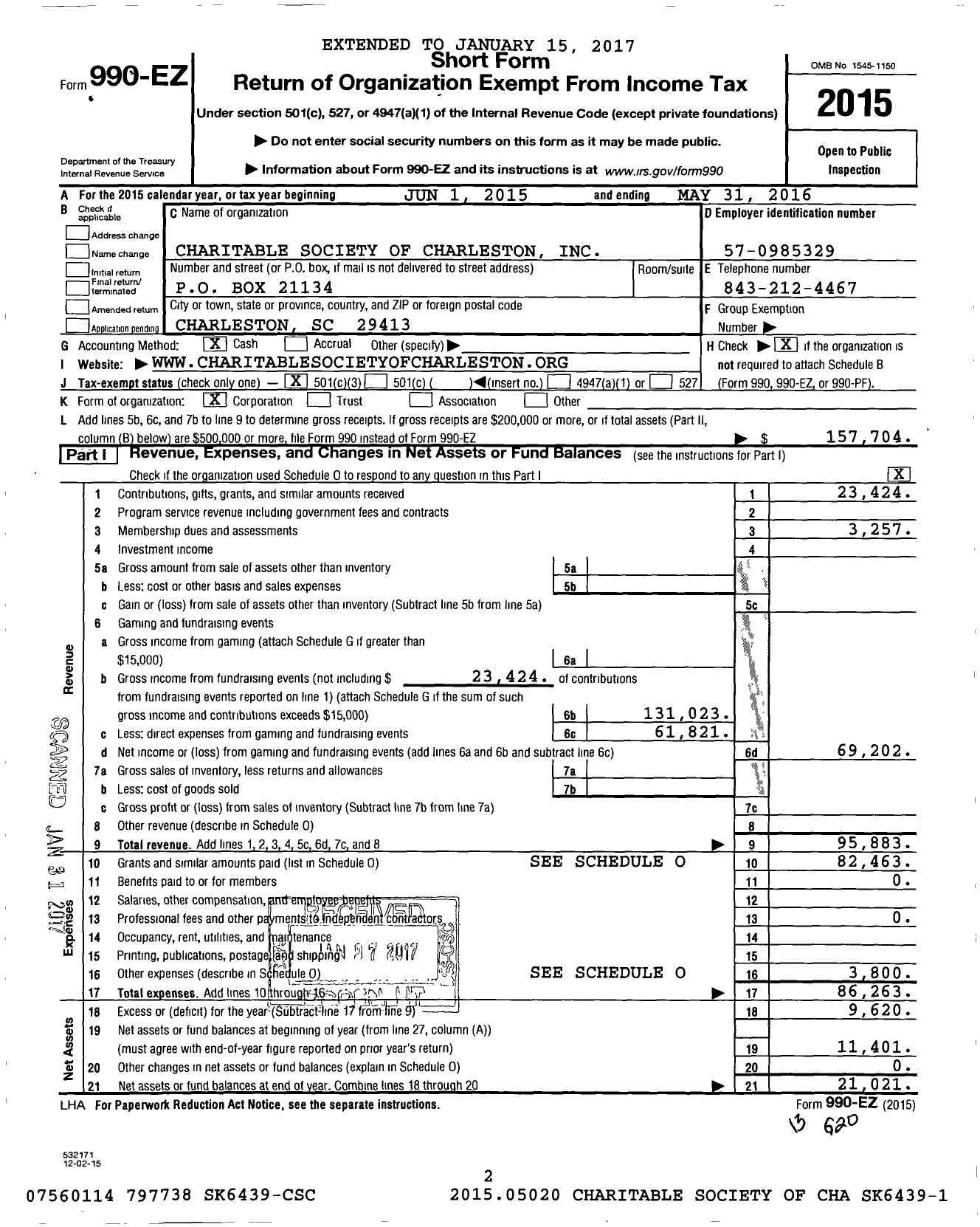 Image of first page of 2015 Form 990EZ for Charitable Society of Charleston