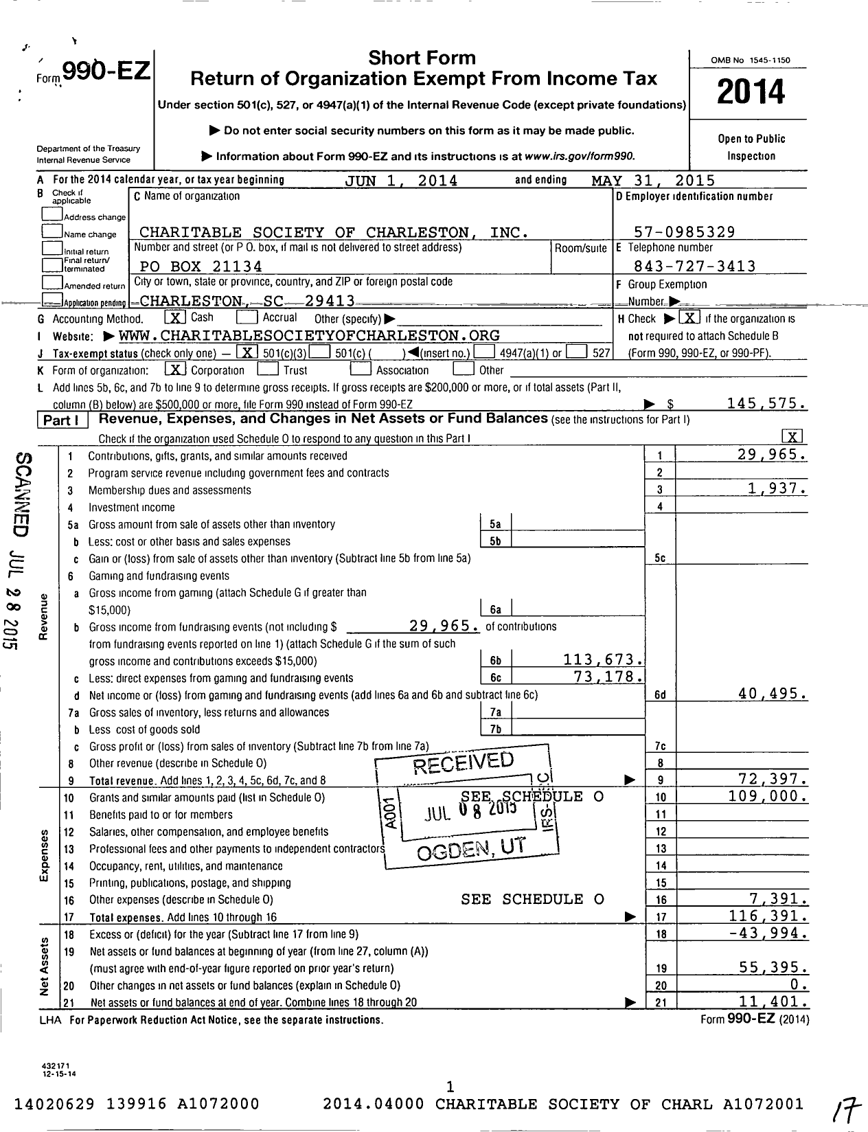 Image of first page of 2014 Form 990EZ for Charitable Society of Charleston