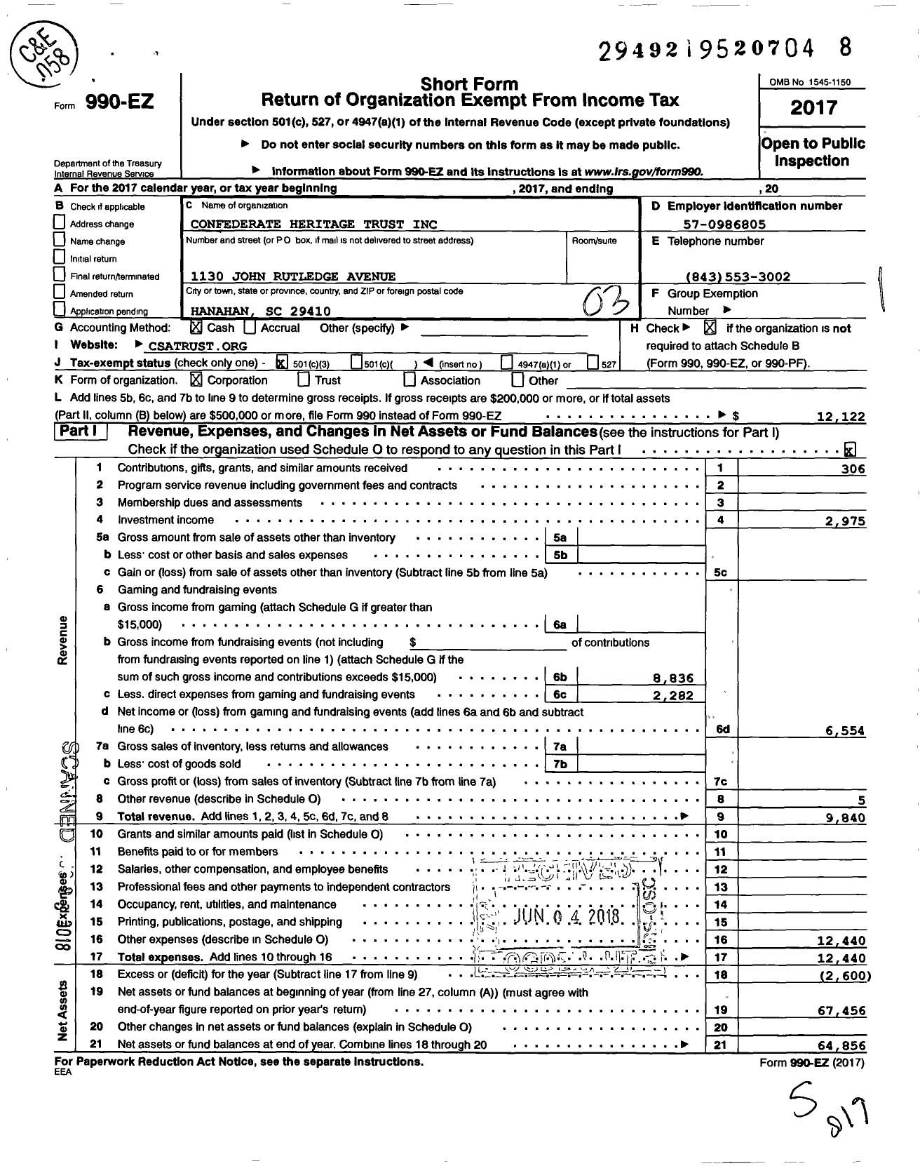 Image of first page of 2017 Form 990EZ for Confederate Heritage Trust