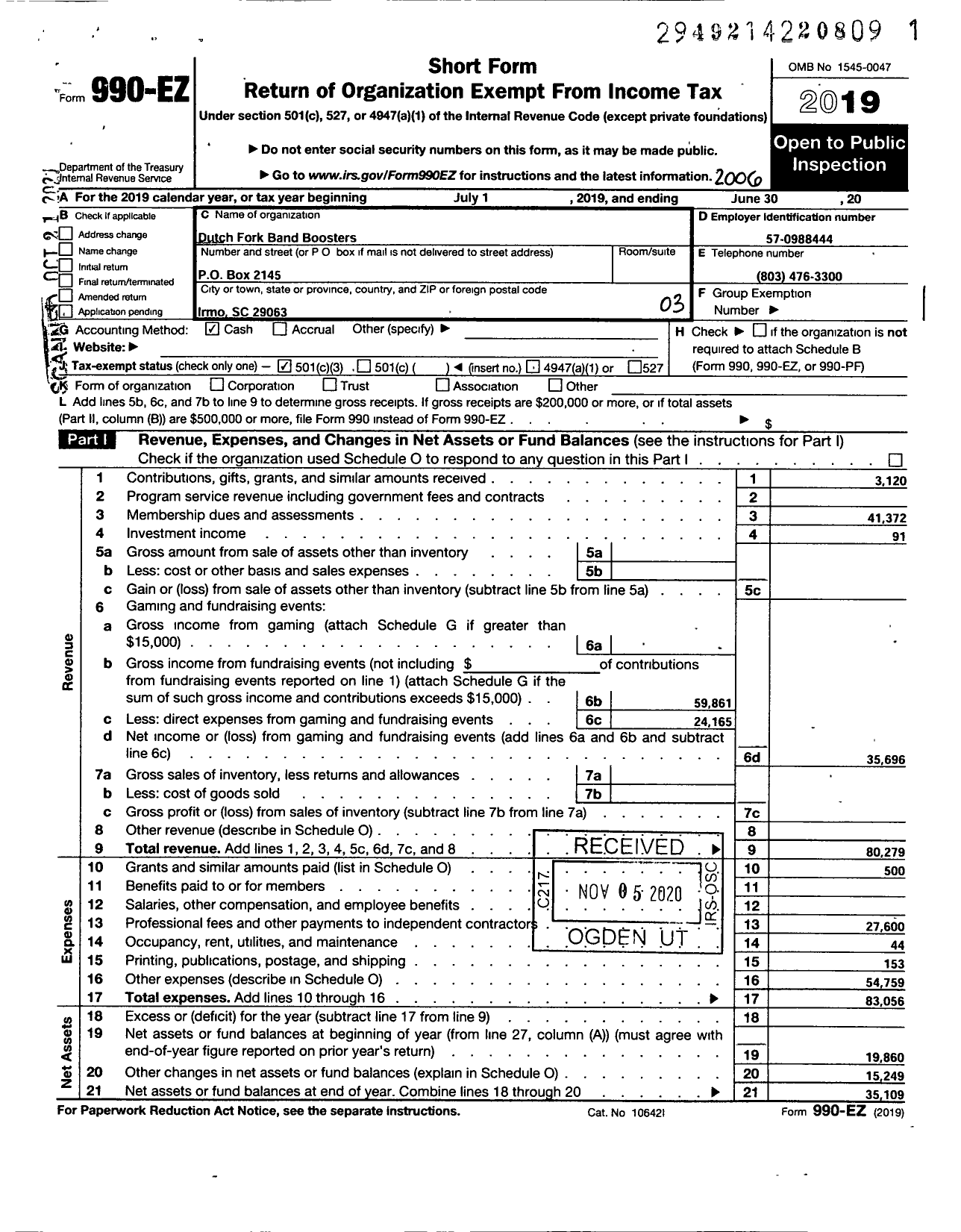 Image of first page of 2019 Form 990EZ for Dutch Fork Band Boosters