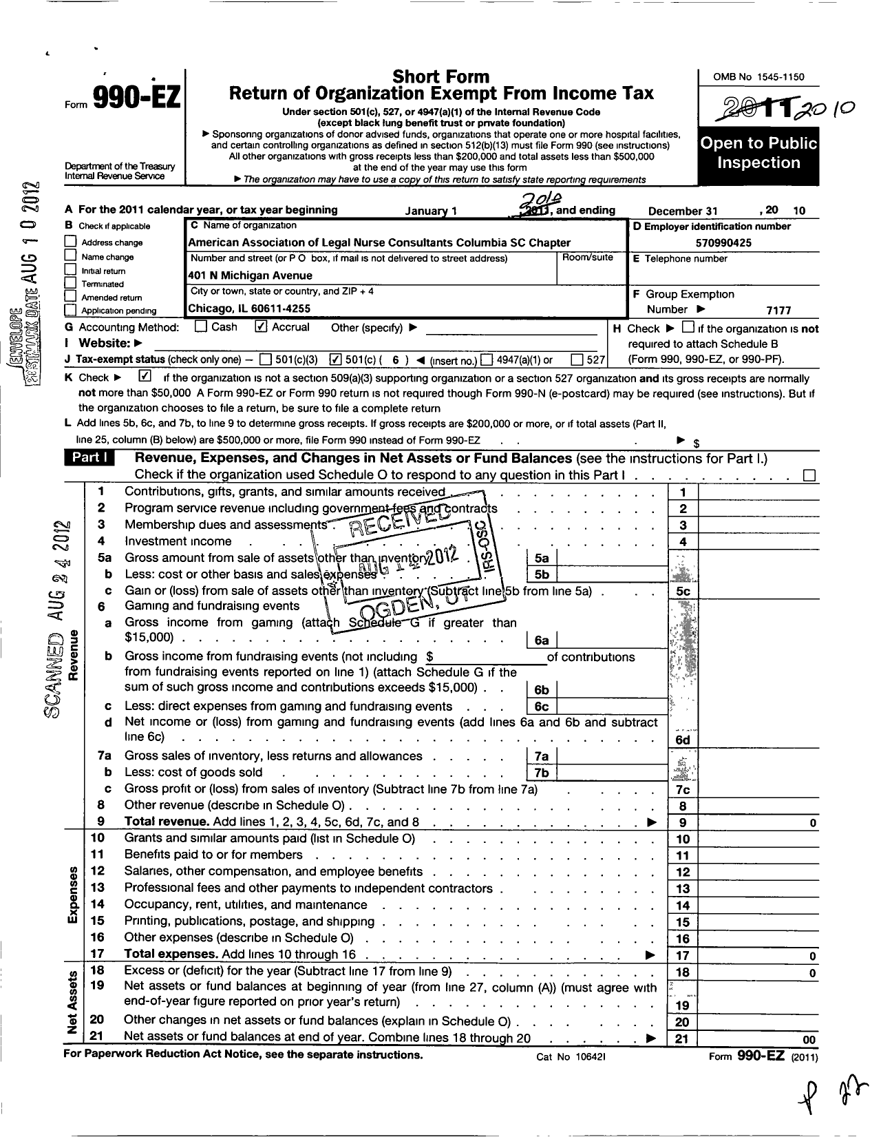 Image of first page of 2010 Form 990EO for American Association of Legal Nurse Consultants / Columbia South Carolina Chapter