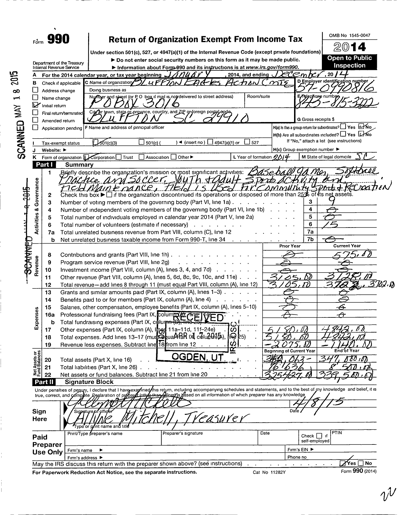 Image of first page of 2014 Form 990 for Bluffton Eagles Community Action Committee