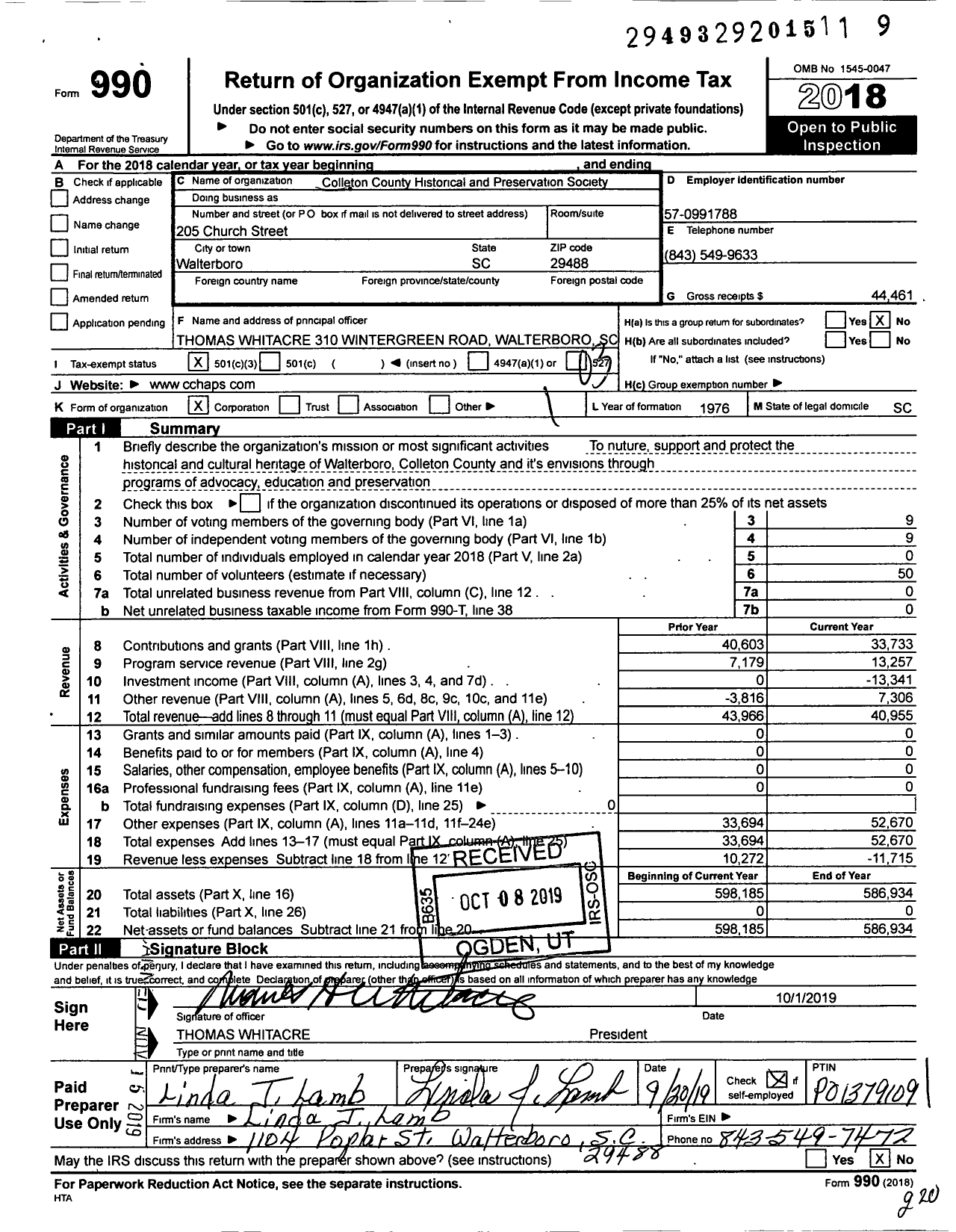 Image of first page of 2018 Form 990 for Colleton County Historical and Preservation Society