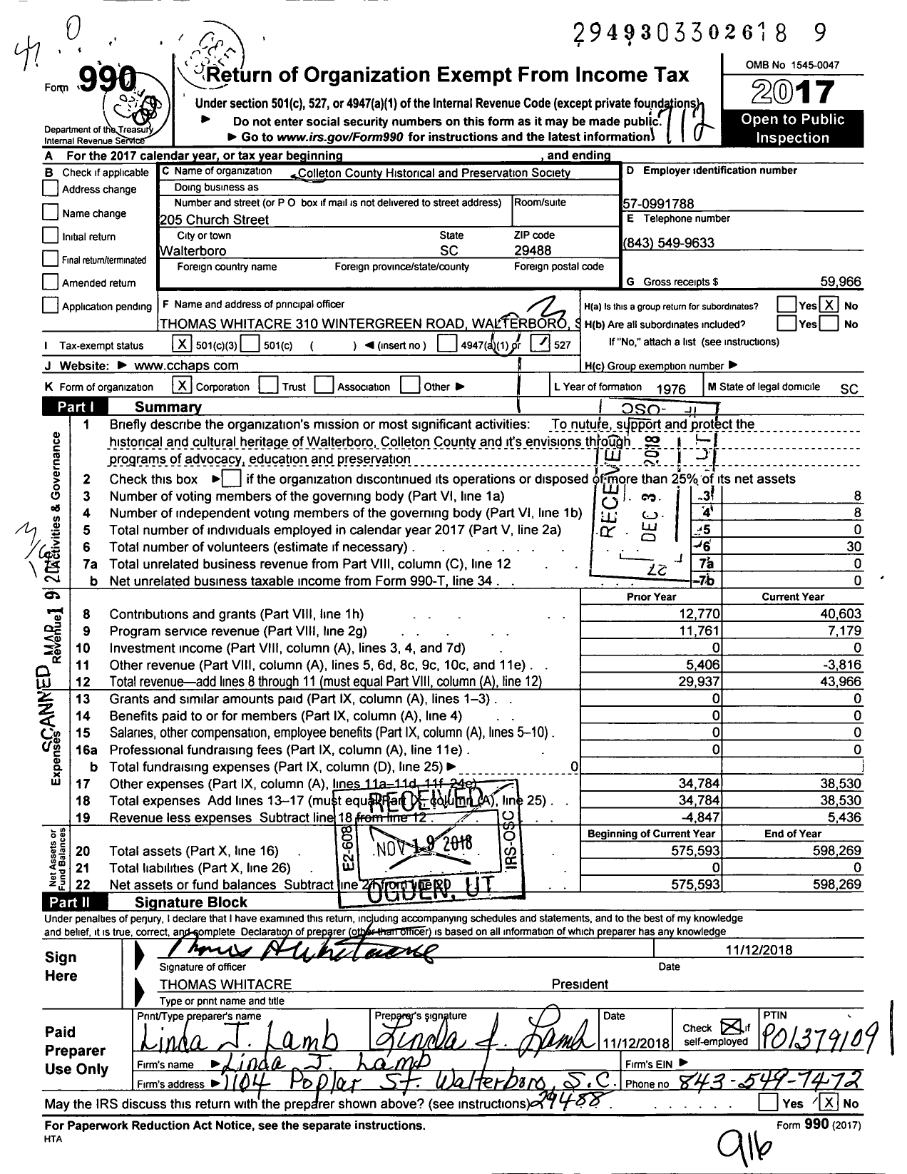 Image of first page of 2017 Form 990 for Colleton County Historical and Preservation Society