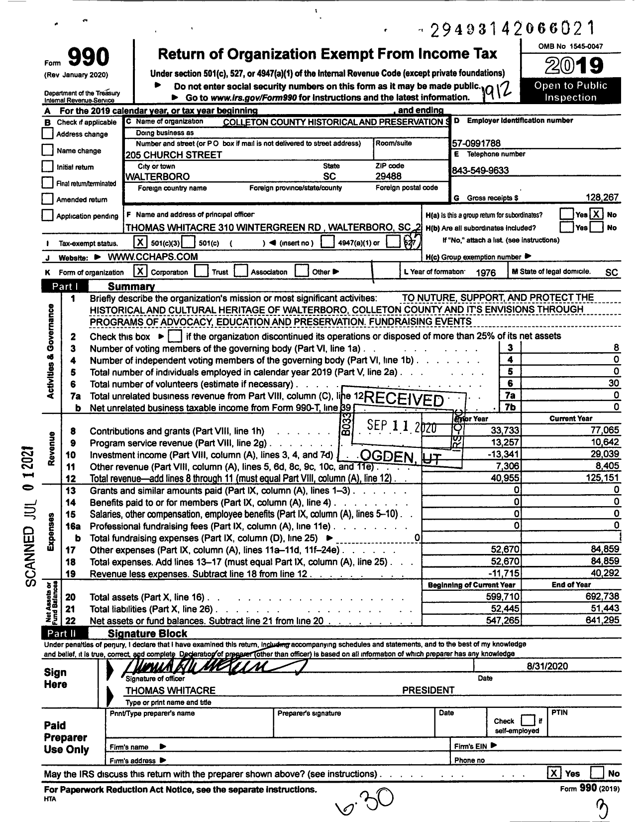 Image of first page of 2019 Form 990 for Colleton County Historical and Preservation Society