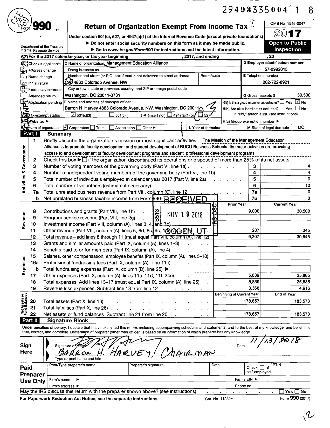 Image of first page of 2017 Form 990 for Management Education Alliance