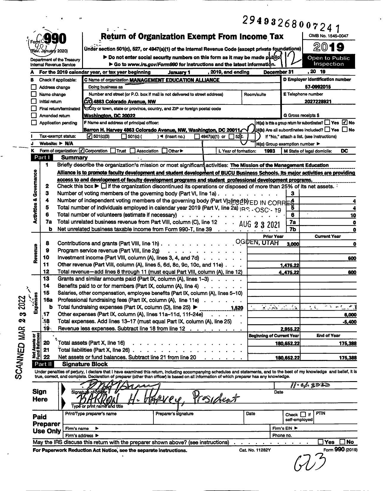 Image of first page of 2019 Form 990 for Management Education Alliance