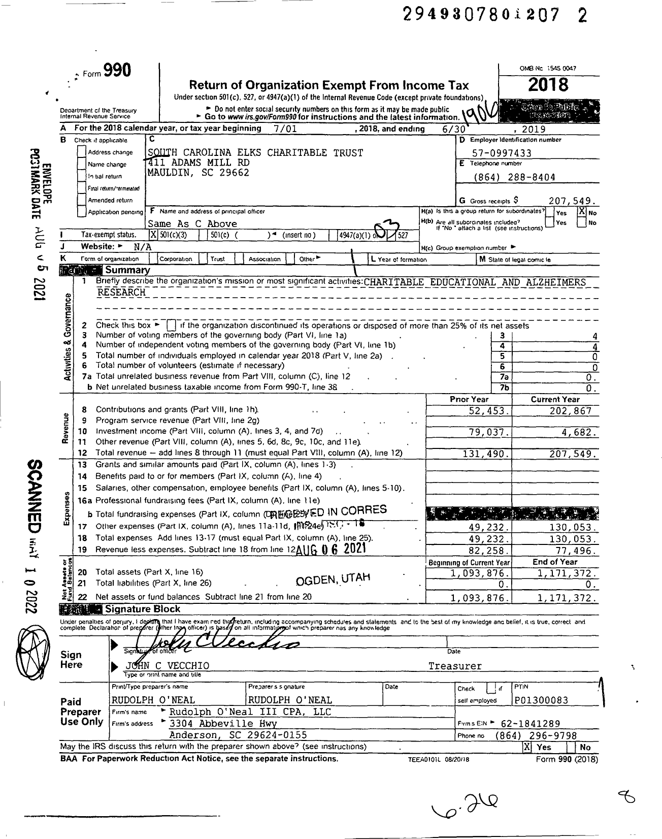 Image of first page of 2018 Form 990 for South Carolina Elks Charitable Trust